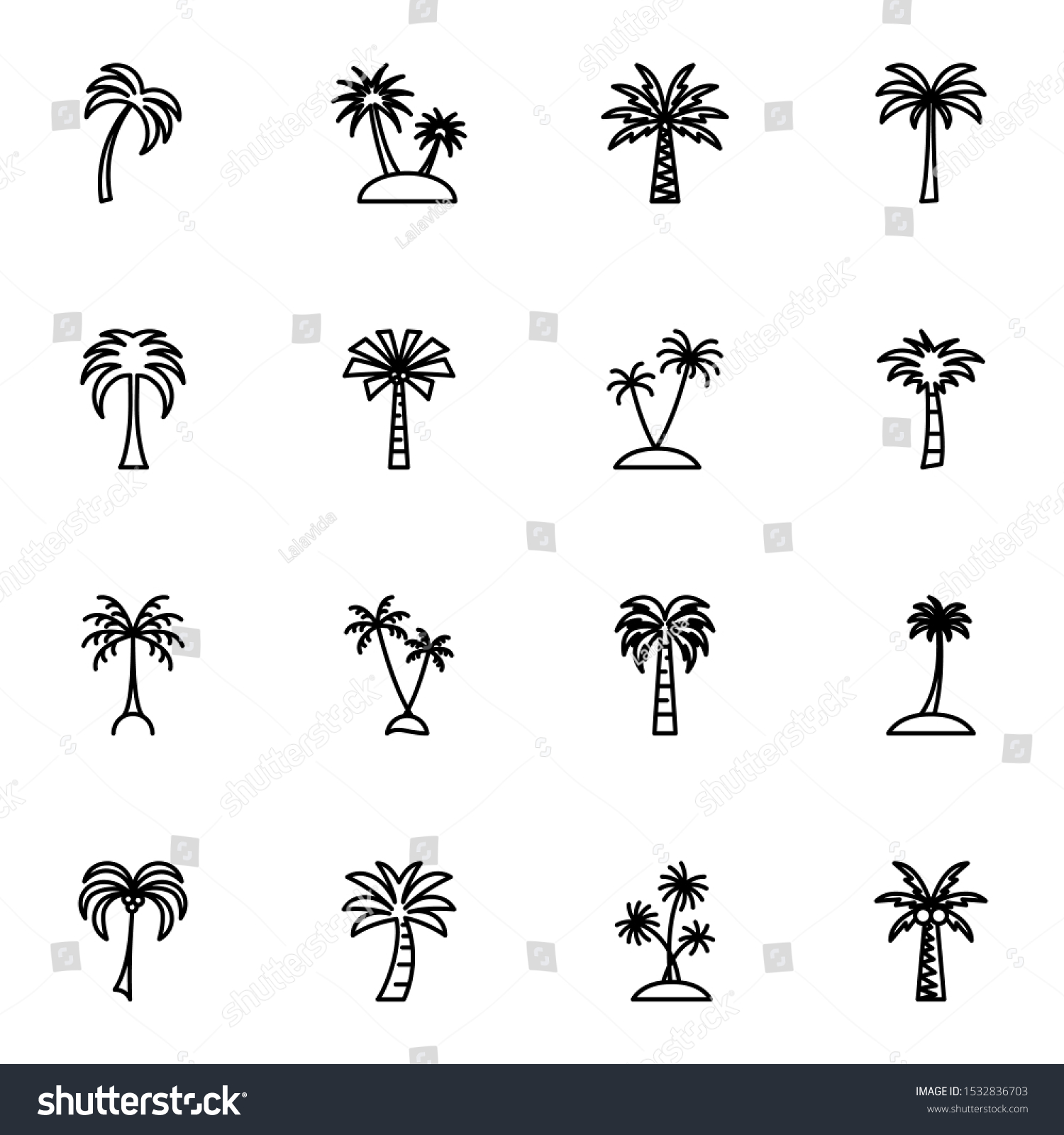 SVG of Palm tree, beach, island outline icon set. creative coconut tree, holiday line icons sign vector illustration. svg
