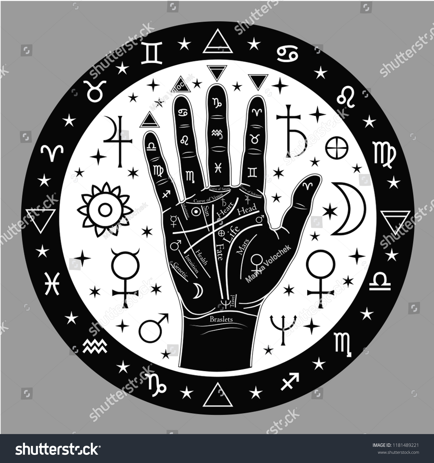 Palmistry Hands Illustration Symbols Astrology Stock Vector (Royalty ...