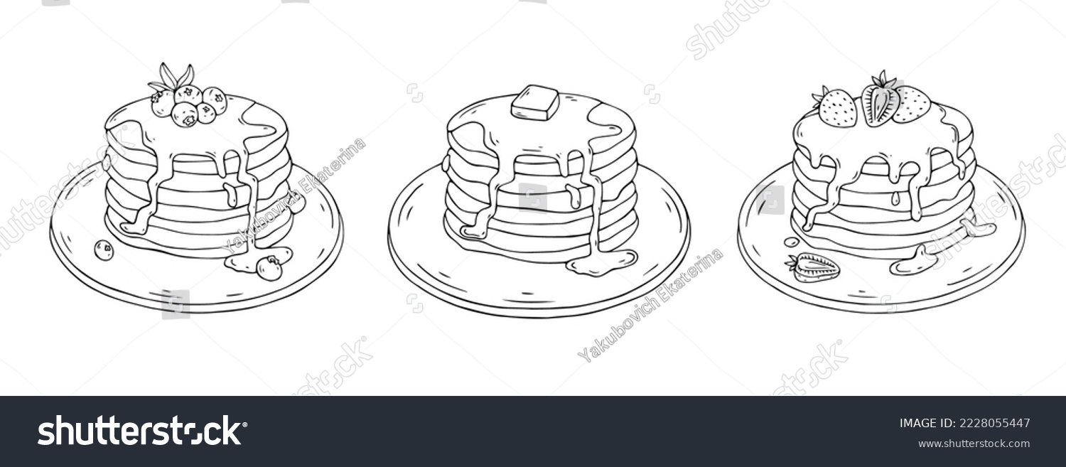 SVG of Pancake sketch set. Pancakes with maple syrup, berries, honey. Vector graphics. svg