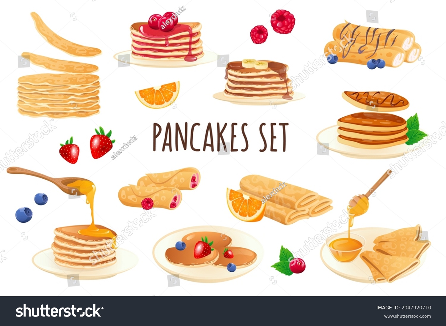 SVG of Pancakes icon set in realistic 3d design. Bundle of stacks of pancakes with different filling, berries, honey, chocolate and other. Cooking collection. Vector illustration isolated on white background svg