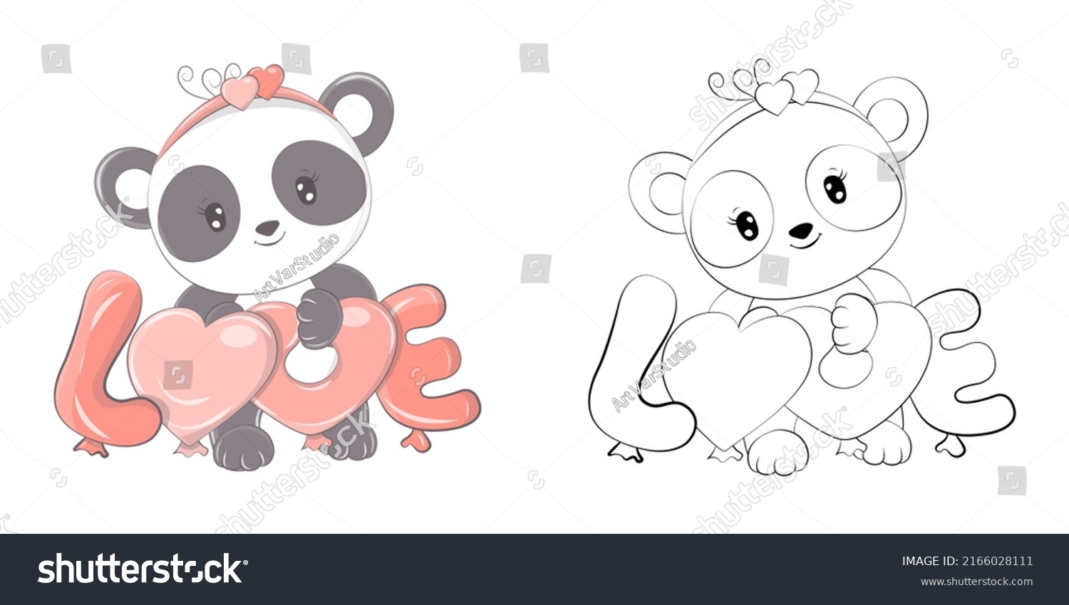 SVG of Panda Clipart for Coloring Page and Multicolored Illustration. Baby Clip Art Panda with Love Balloons. Vector Illustration of an Animal for Coloring Pages, Prints for Clothes, Stickers, Baby Shower.  svg