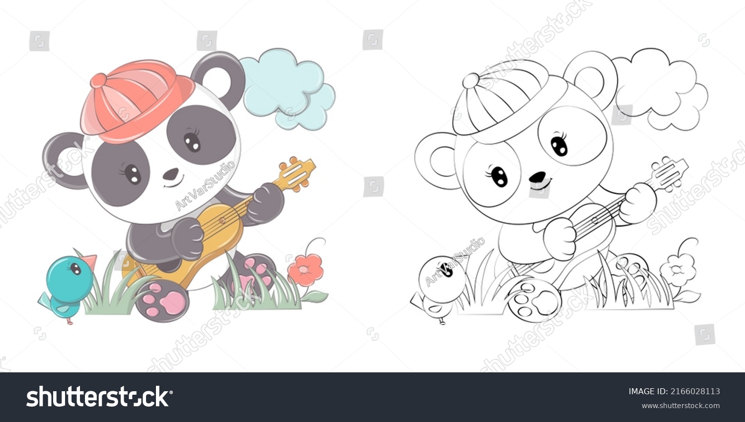 SVG of Panda Clipart Multicolored and Black and White. Beautiful Clip Art Panda Plays the Guitar. Vector Illustration of an Animal for Prints for Clothes, Stickers, Baby Shower, Coloring Pages.  svg