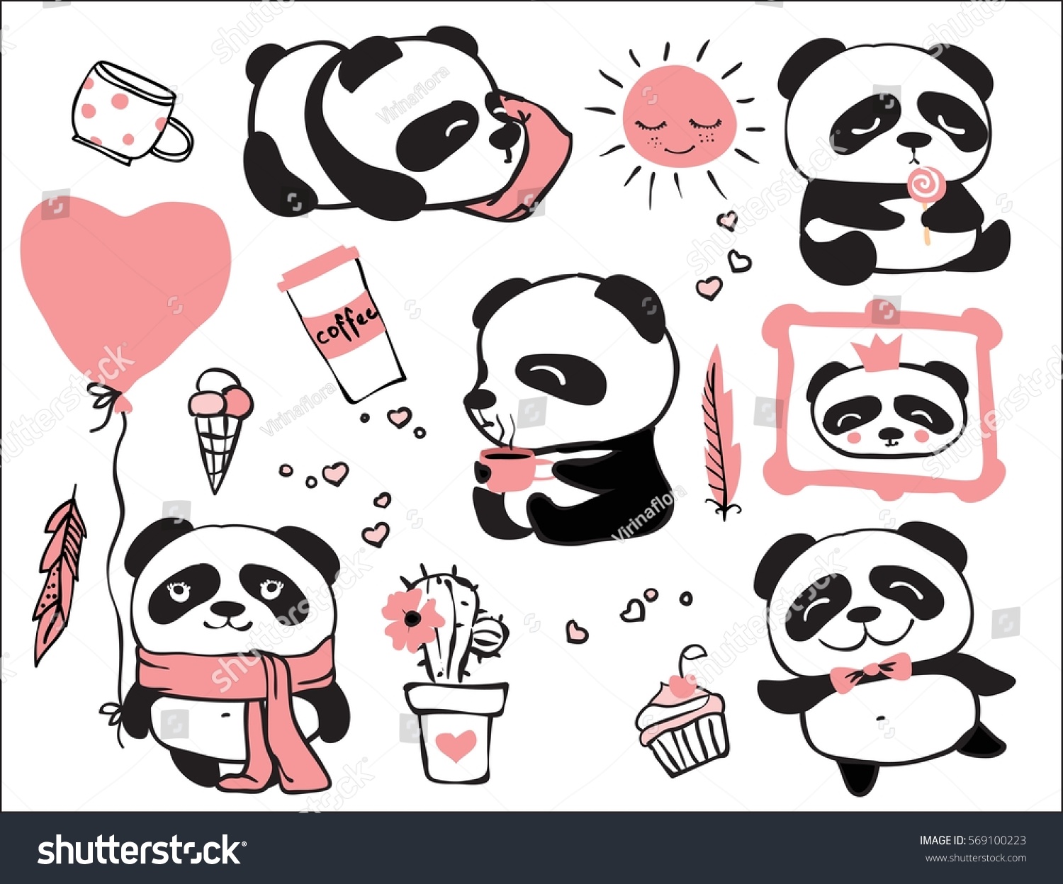 Panda Doodle Kid Set Simple Design Stock Vector Royalty Free