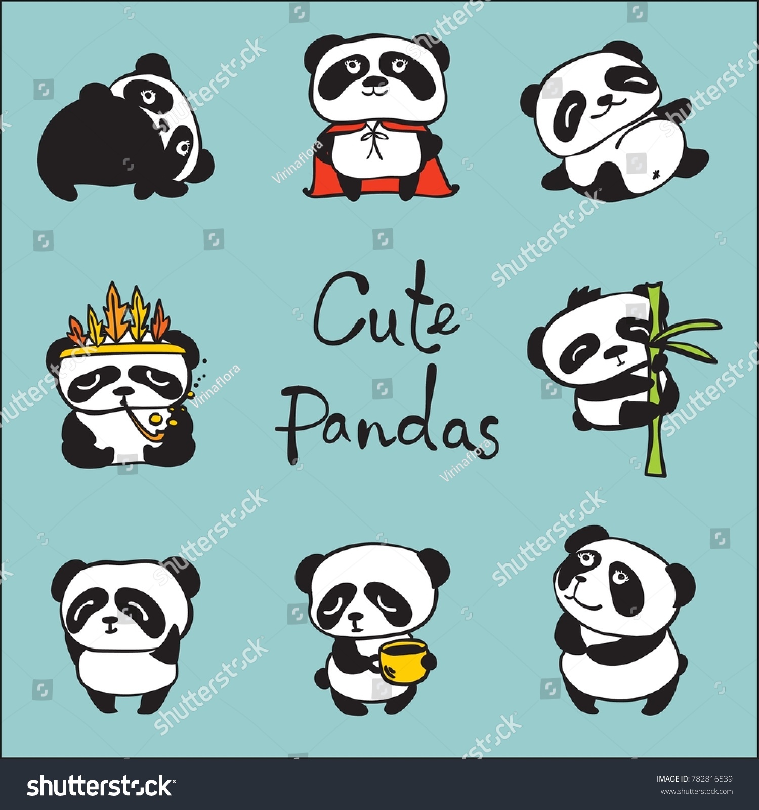 Panda Doodle Kid Set Simple Design Stock Vector Royalty Free