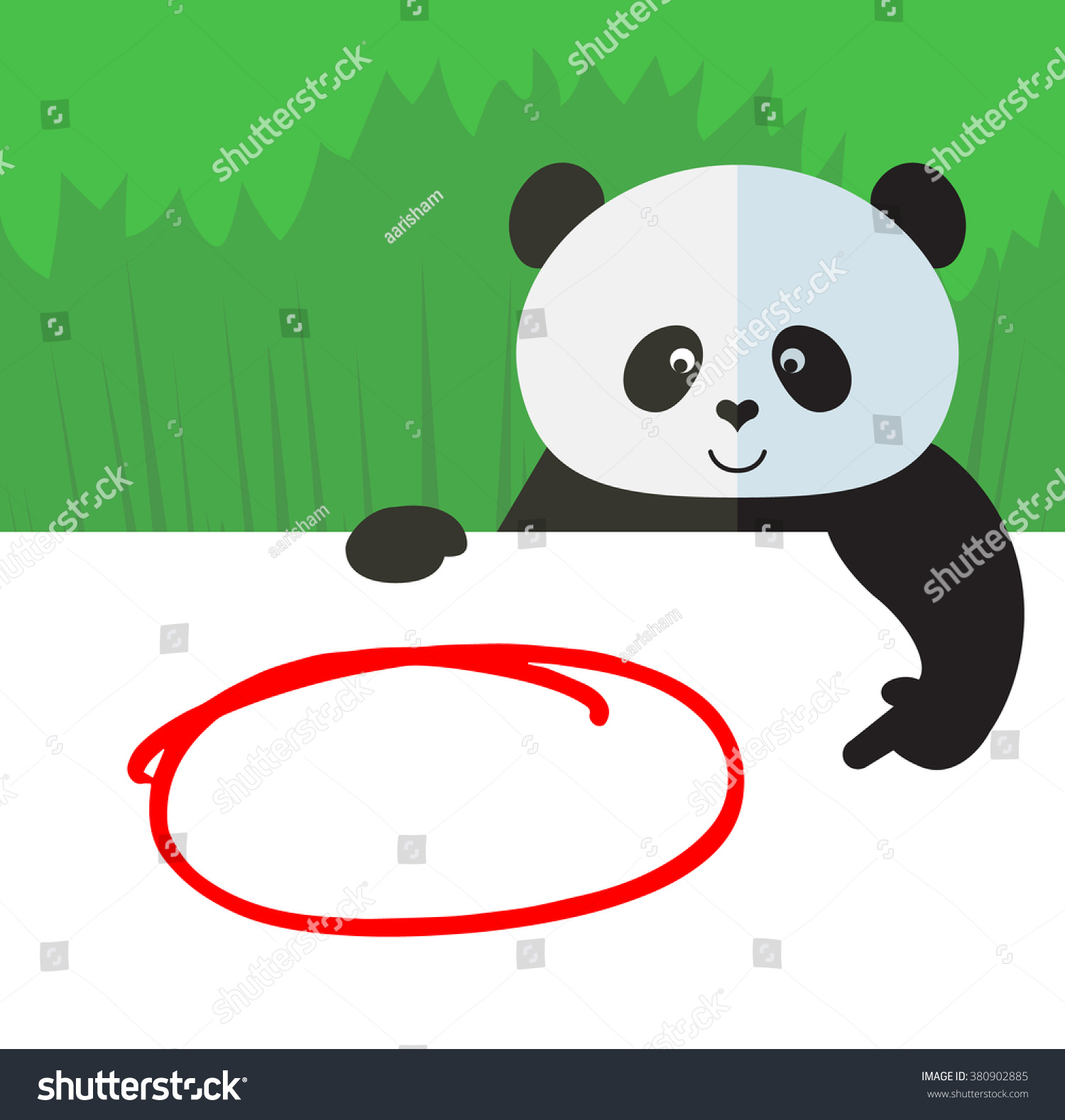 SVG of Panda holding a blank sheet and pointing on red empty frame. Flat style vector illustration on Green background. National emblem of China svg