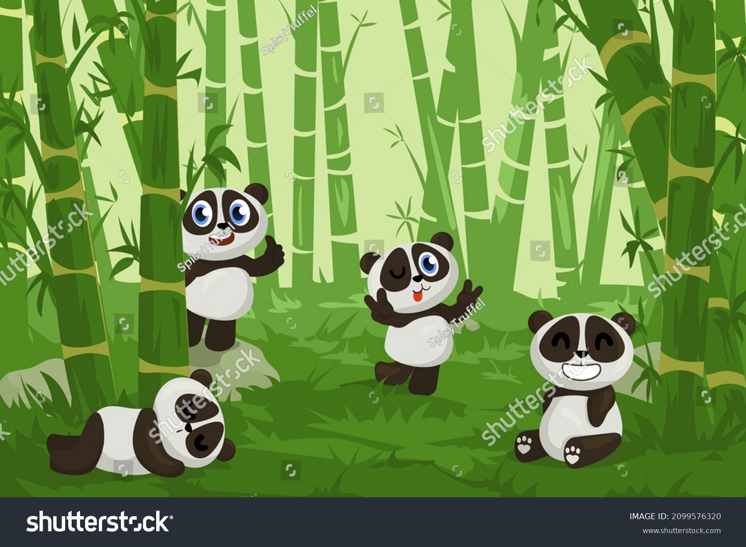 SVG of Panda in bamboo garden. Cartoon happy zoo bear character in green forest. Funny Chinese animal mascot with cute emotion expressions. Asian creature sleeping in woodland. Vector background svg