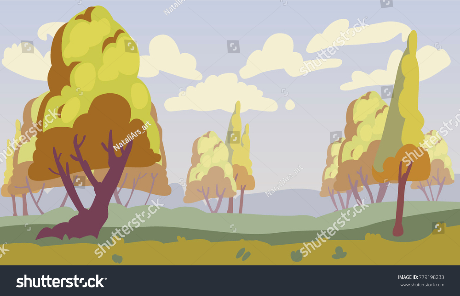 Panorama Cartoon Autumn Forest Background 2d Stock Vector Royalty Free