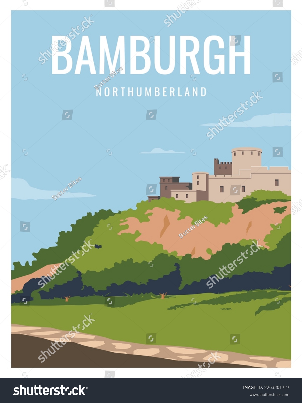 SVG of Panorama Castle on hill in Bamburgh, Northumberland.
vector illustration landscape with colored style suitable for poster, postcard, card, print. svg