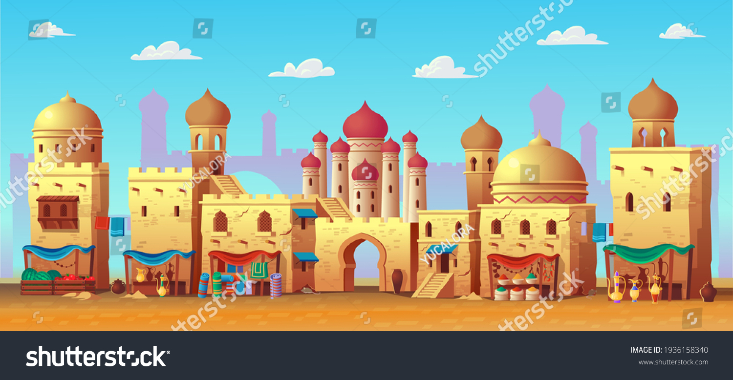 SVG of Panorama of ancient arab city with houses and the Arab market. Vector illustration in cartoon style for children. Background for games and mobile applications. svg