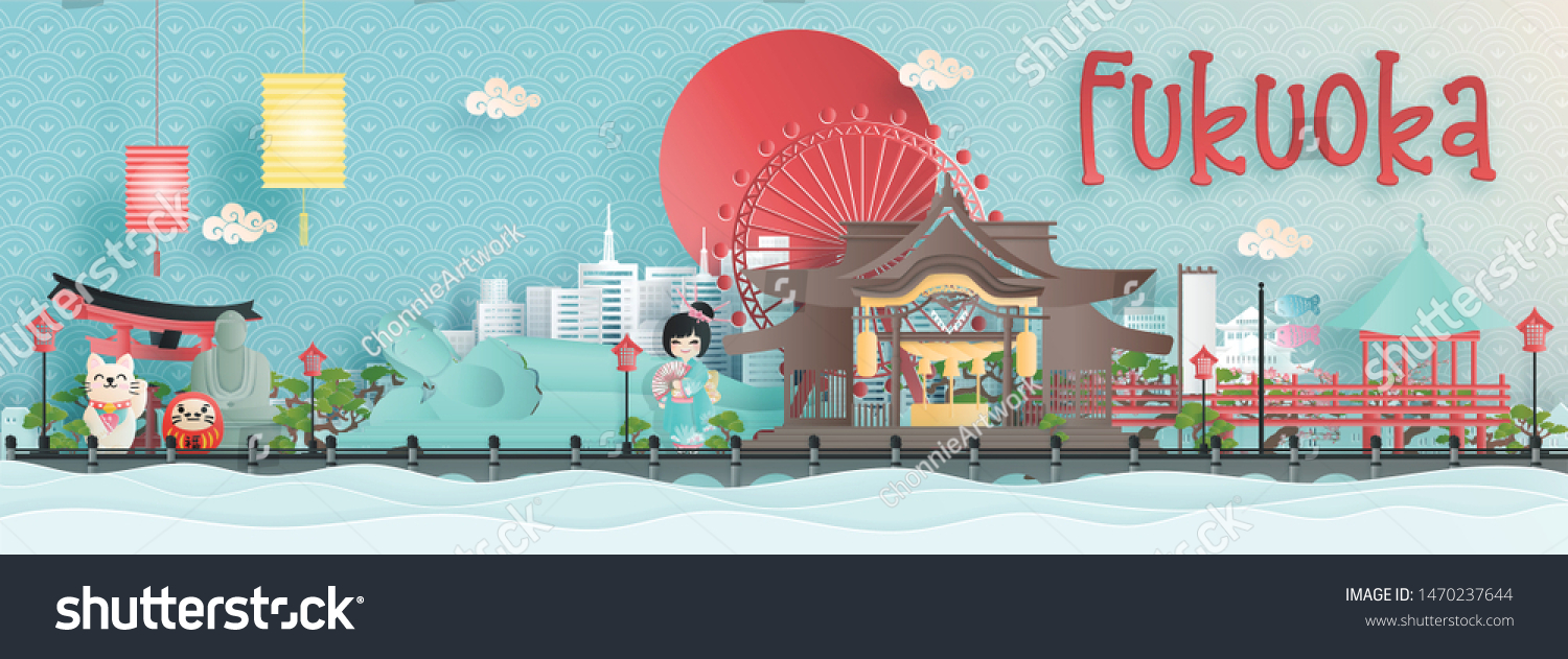 Panorama view of Fukuoka city skyline with world famous landmarks of Japan in paper cut style vector illustration.