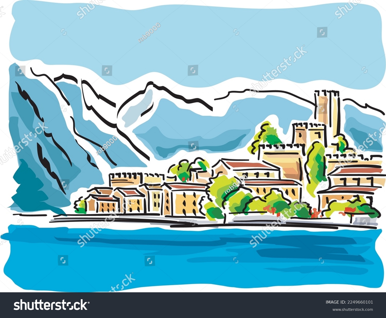 SVG of Panoramic view of an area of Lake Garda in Italy. svg