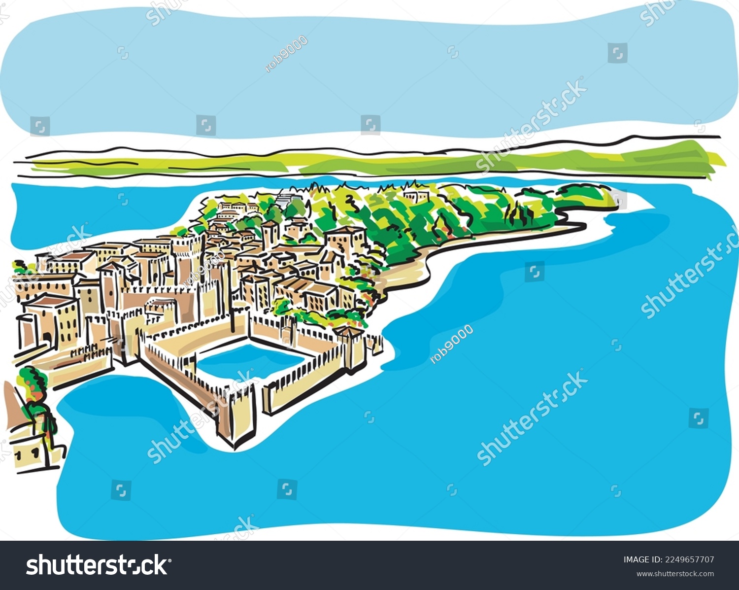 SVG of Panoramic view of Lake Garda in Italy with the Scaliger Castle of Sirmione in the foreground. svg