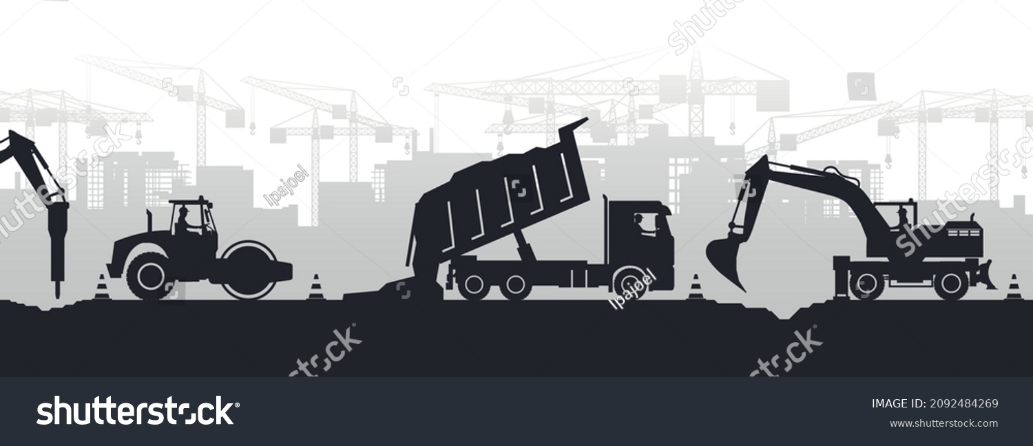 SVG of Panoramic view of silhouettes of soil compactor machinery, truck, wheel excavator, hammer excavator and operators working in a city under construction svg
