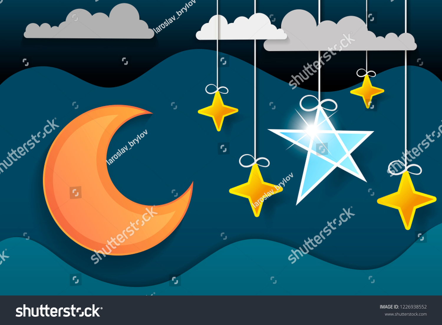 Paper Art Moon Fluffy Clouds Stars Stock Vector Royalty Free