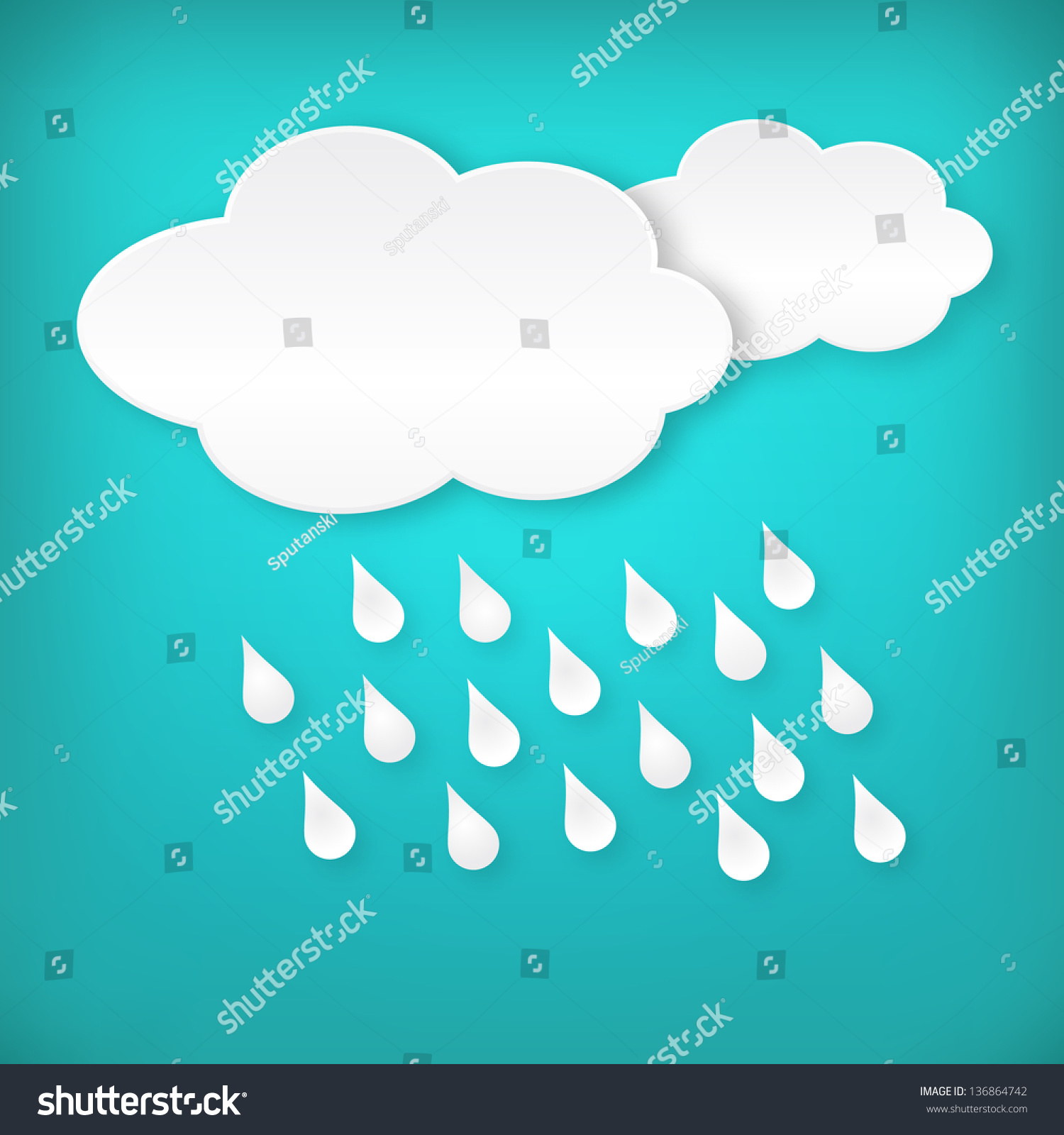 Paper White Raining Clouds On Blue Background. Isolated From Background ...