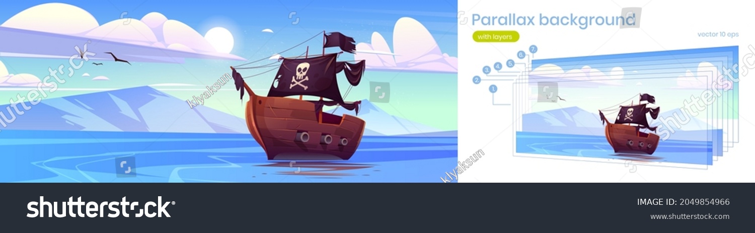 SVG of Parallax background for game, pirate ship in sea, filibusters battleship with black sails, flag and jolly roger floating on ocean water surface with mountains and blue sky, Cartoon vector illustration svg
