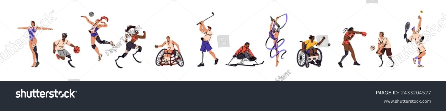 SVG of Paralympic athletes set. Disabled sportsmen in gymnastics. People on wheelchair skiing, play handball. Amputees with prosthesis go volleyball, basketball. Flat isolated vector illustration on white svg