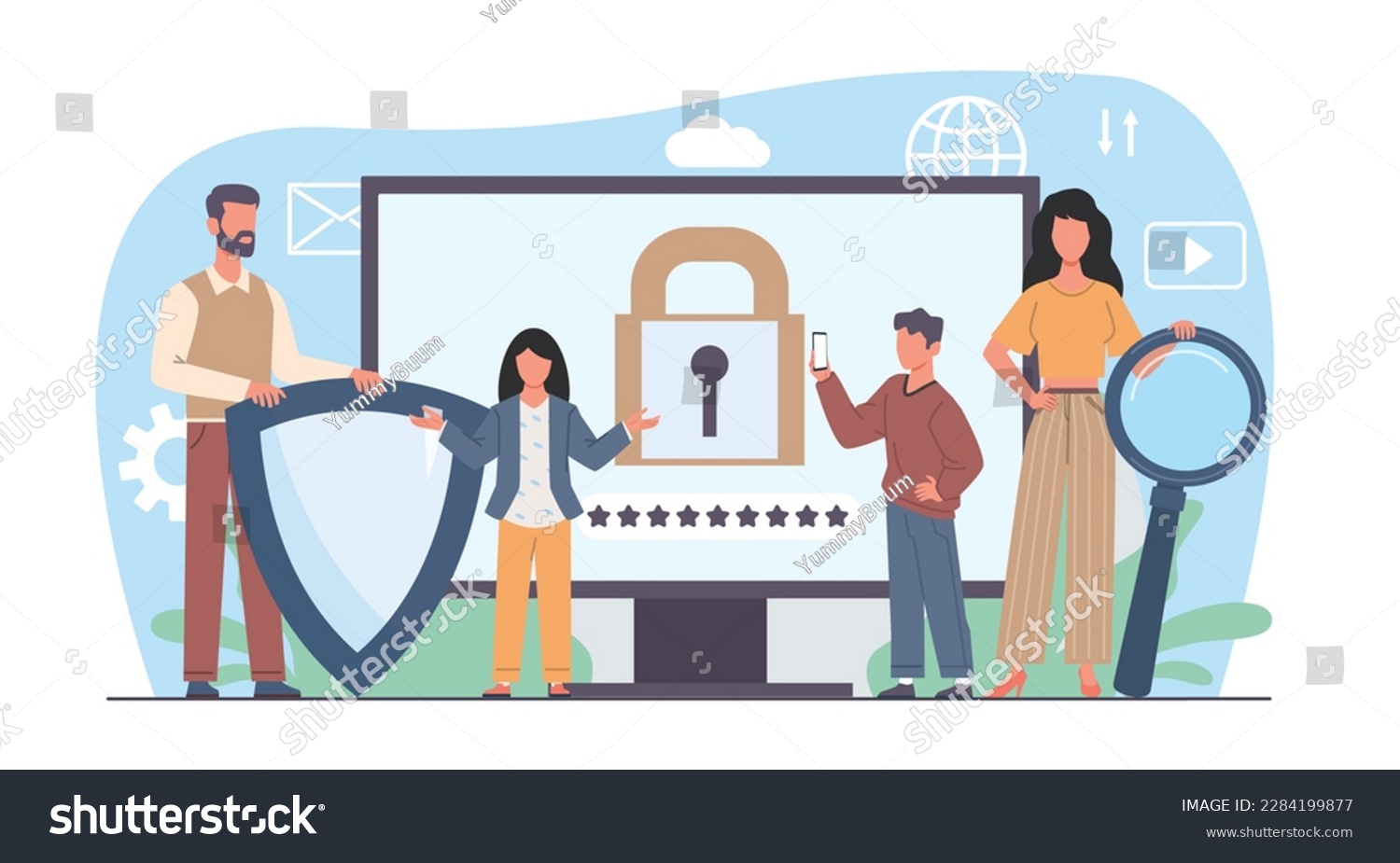 SVG of Parental control, dad and mom block banned or inappropriate content on internet. Censored information, children protection, cartoon flat family characters isolated illustration. Vector concept svg