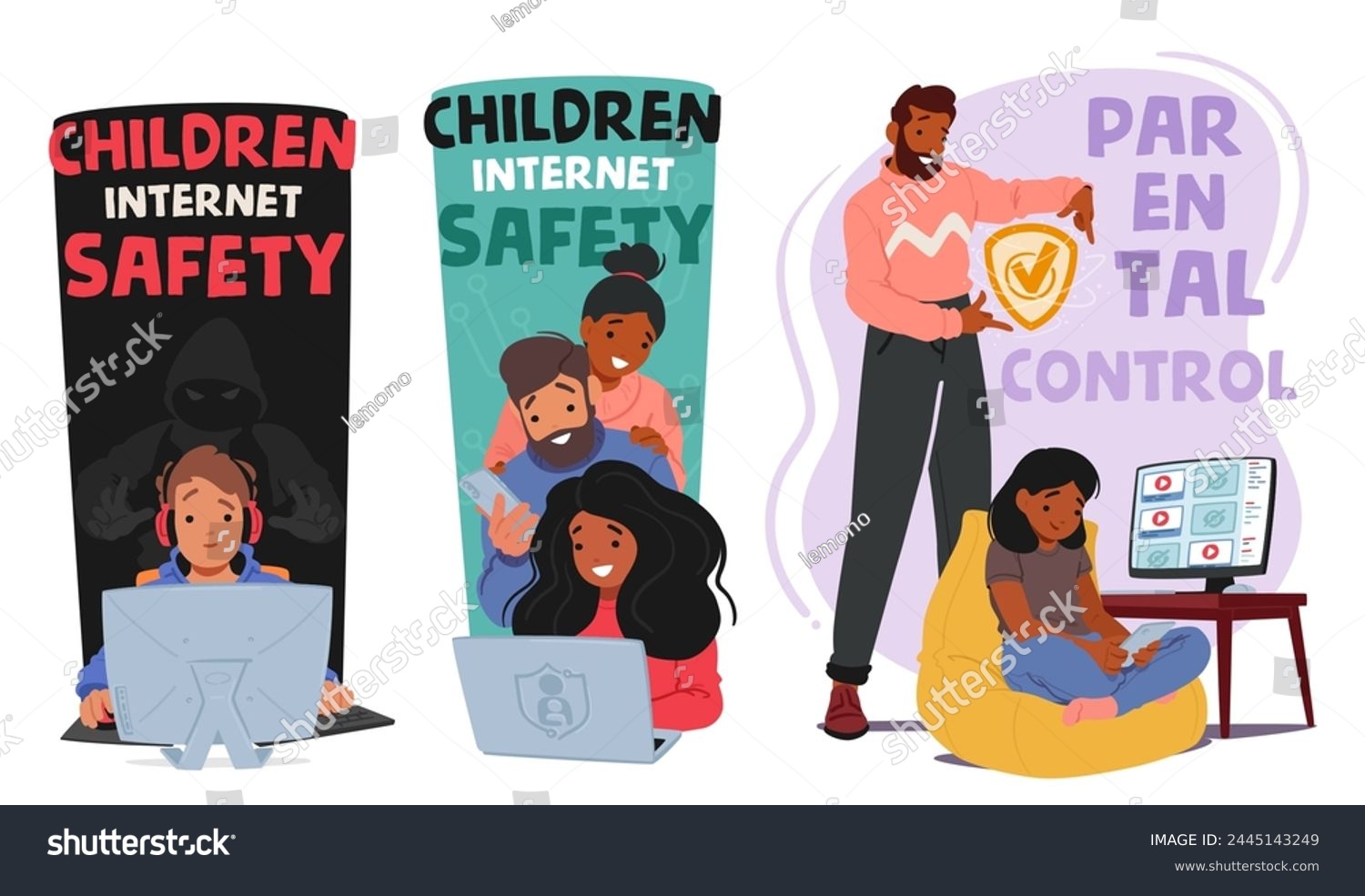SVG of Parental Control, Web Safety Vector Concept. Parents Characters Monitor And Manage Their Children Online Activity, Restricting Access To Inappropriate Content And Ensuring A Safe Digital Environment svg