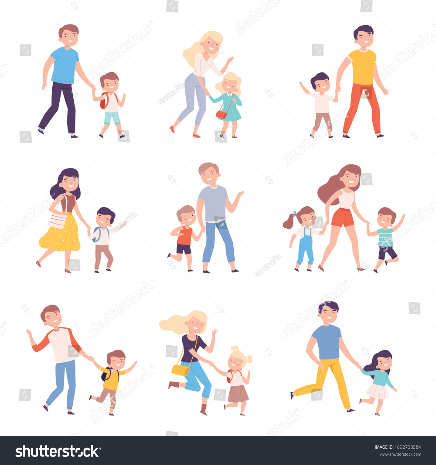 252 Parent child holding hands backpack Stock Illustrations, Images ...