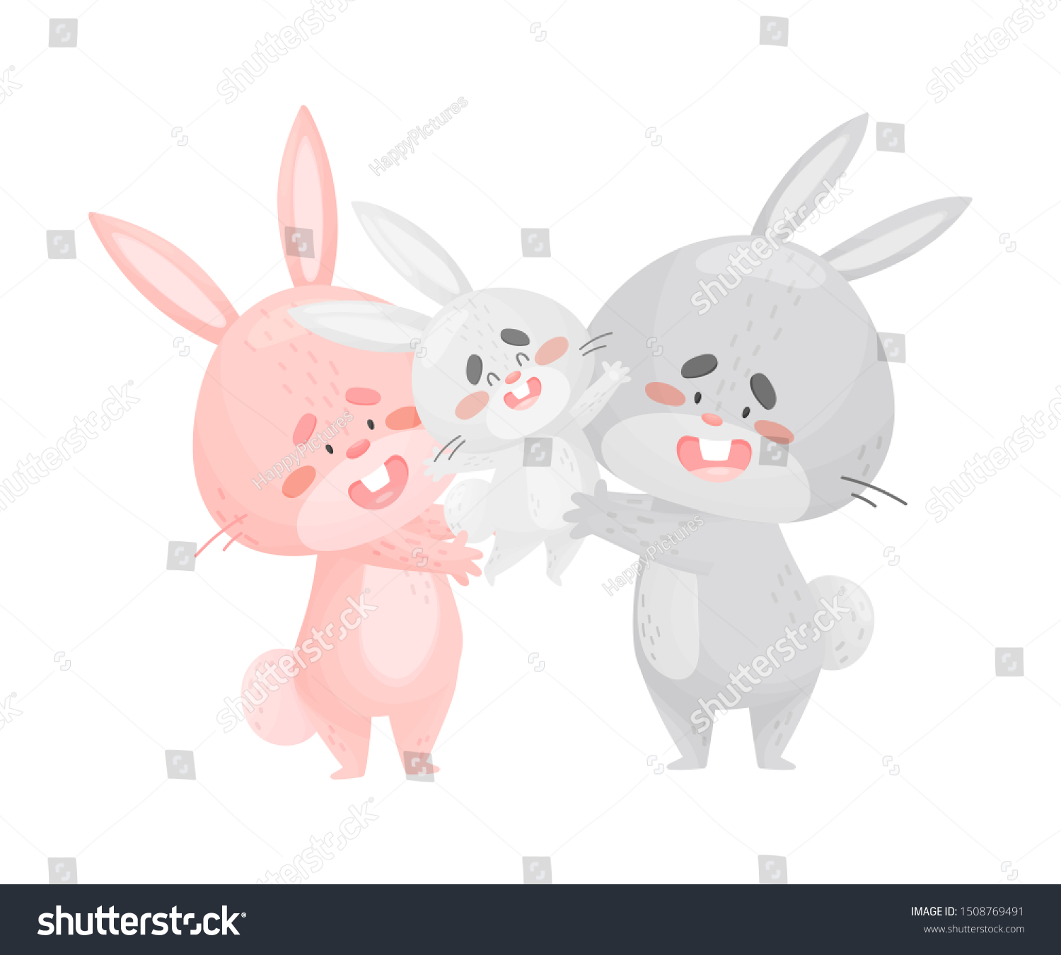 SVG of Parents hares hold in their hands a little hare. Vector illustration on a white background. svg