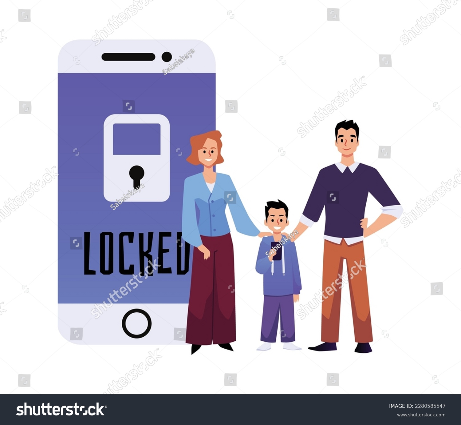 SVG of Parents providing safe internet for child, flat vector illustration isolated on white background. Kids smartphone with locked sign. Restriction of inappropriate content on social media. svg