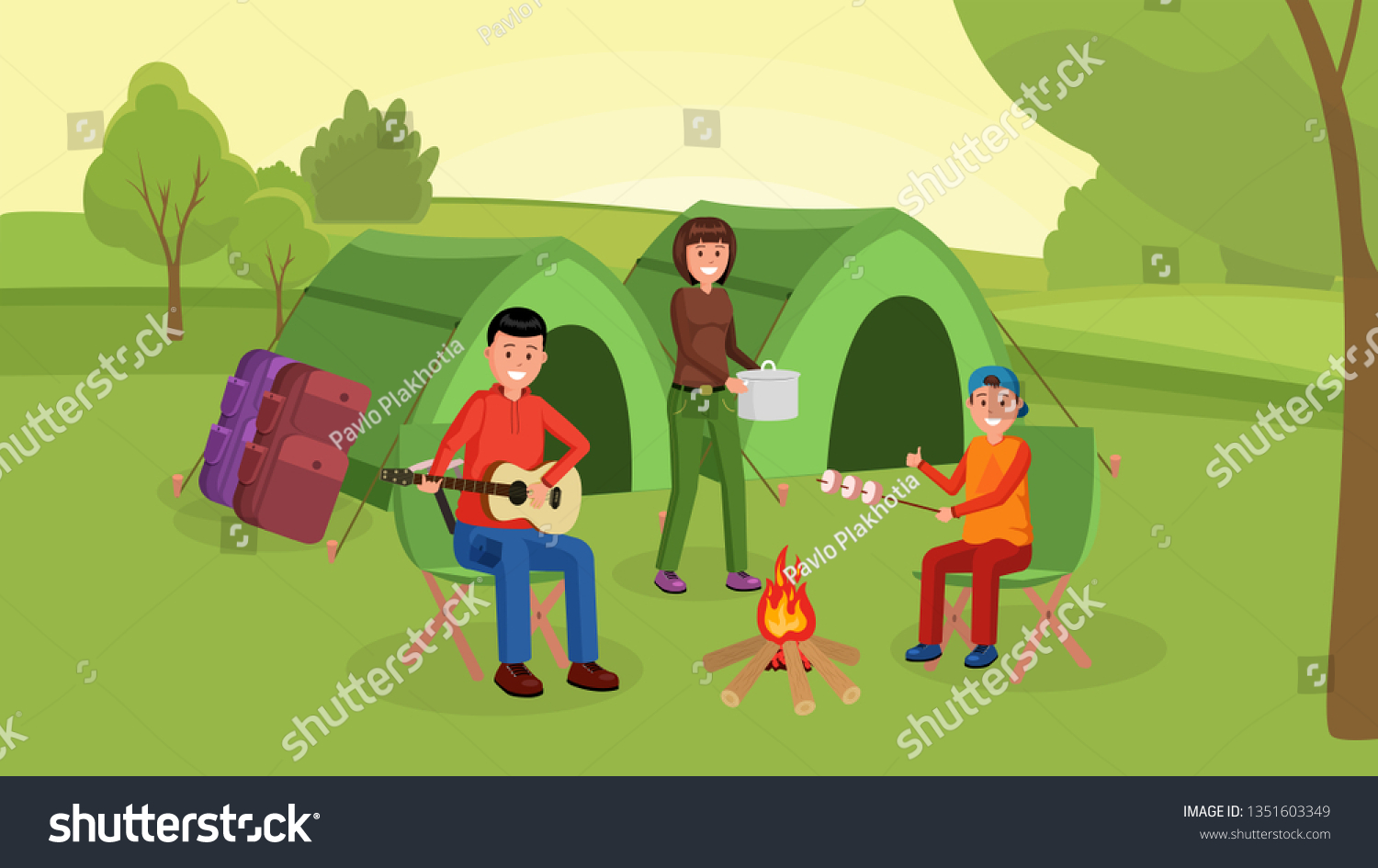 Parents Son Sitting Near Campfire Eating Stock Vector (Royalty Free ...