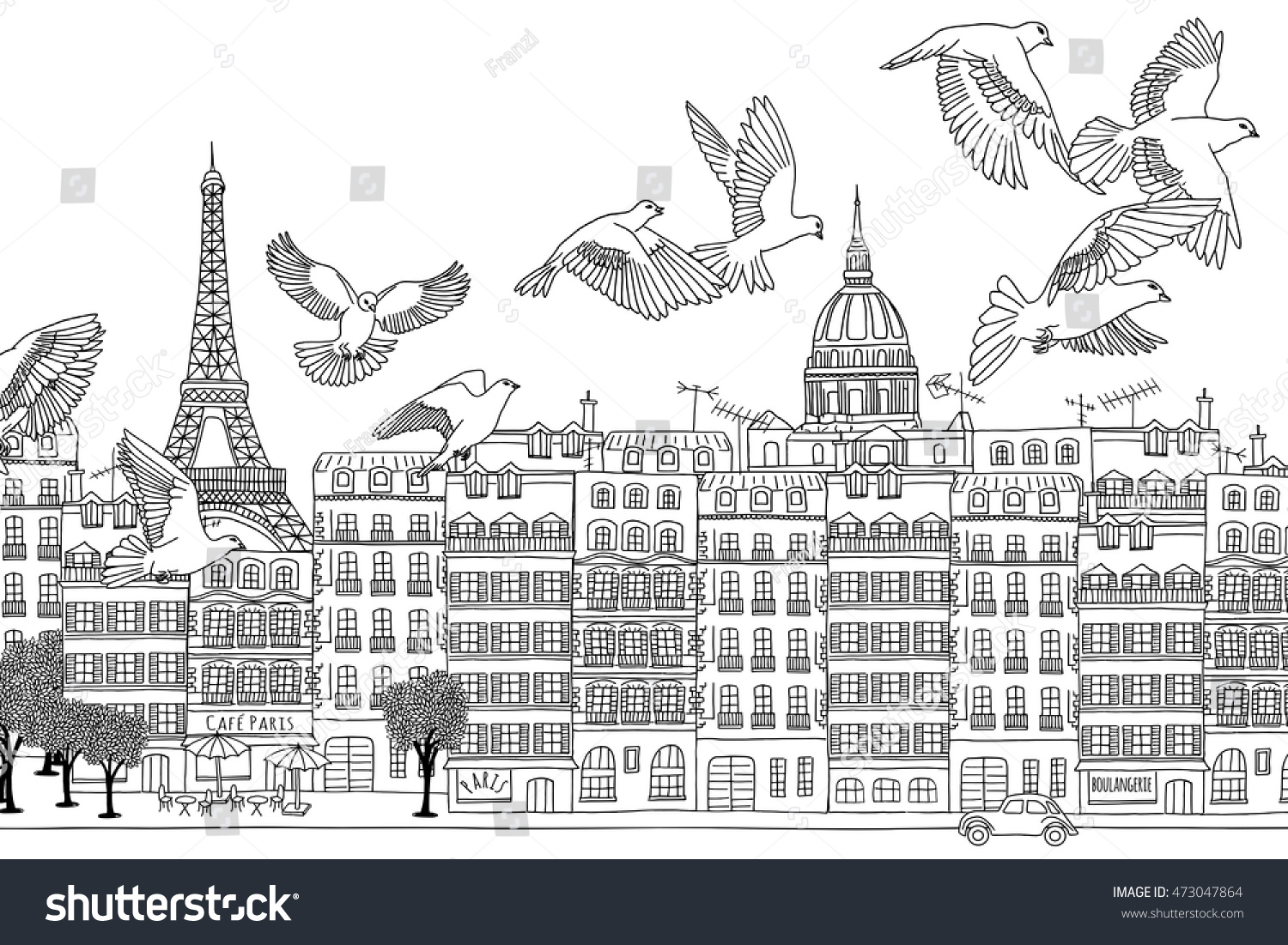 フランス パリ 手描きの白黒の都市と鳥 のベクター画像素材 ロイヤリティフリー