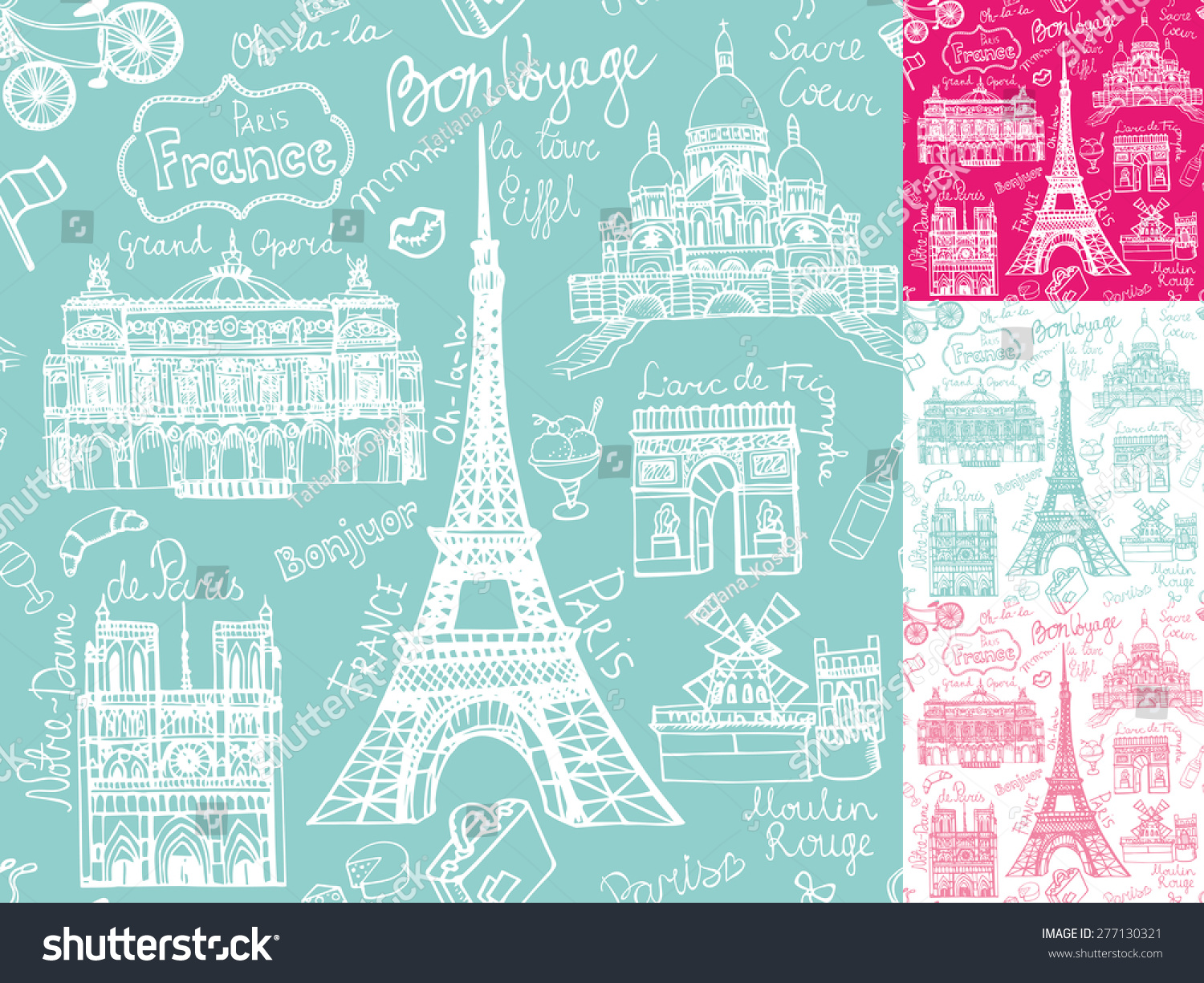 Paris Landmark,Lettering Seamless Pattern.Vintage Hand Drawn Doodle .In ...