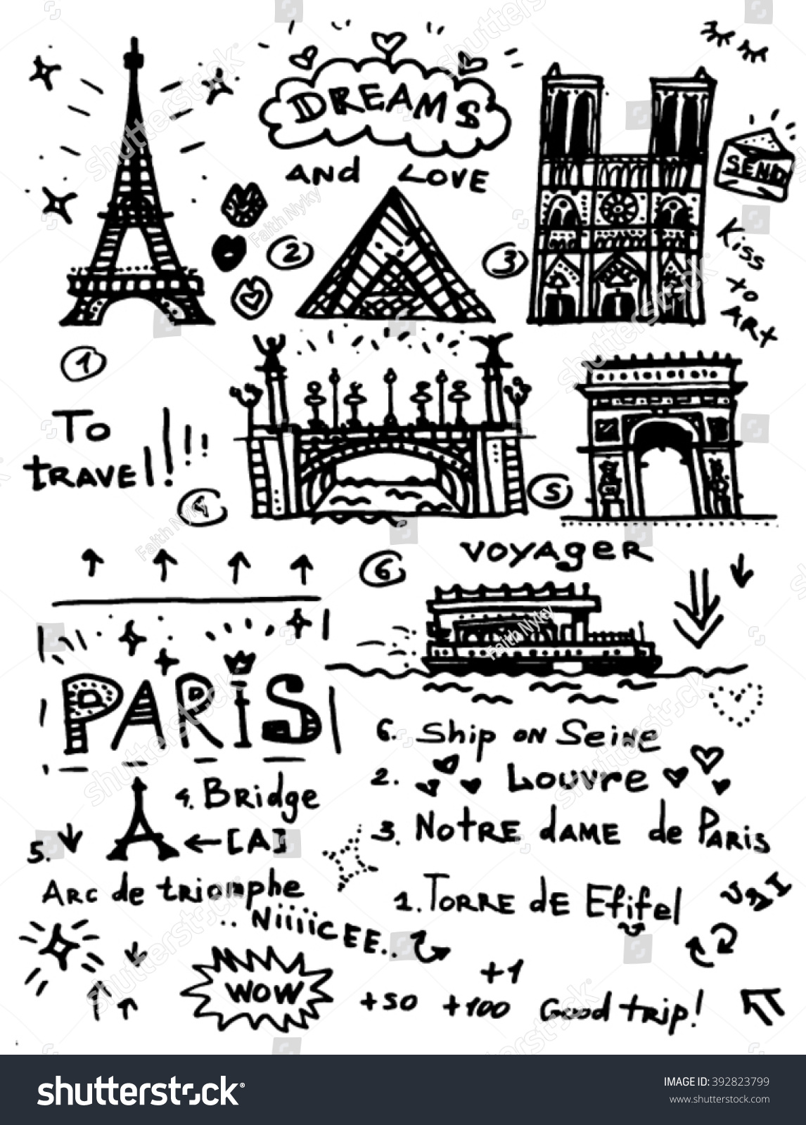 Paris Landmark Vector Doodles Lettering Seamless Stock Vector 392823799 ...