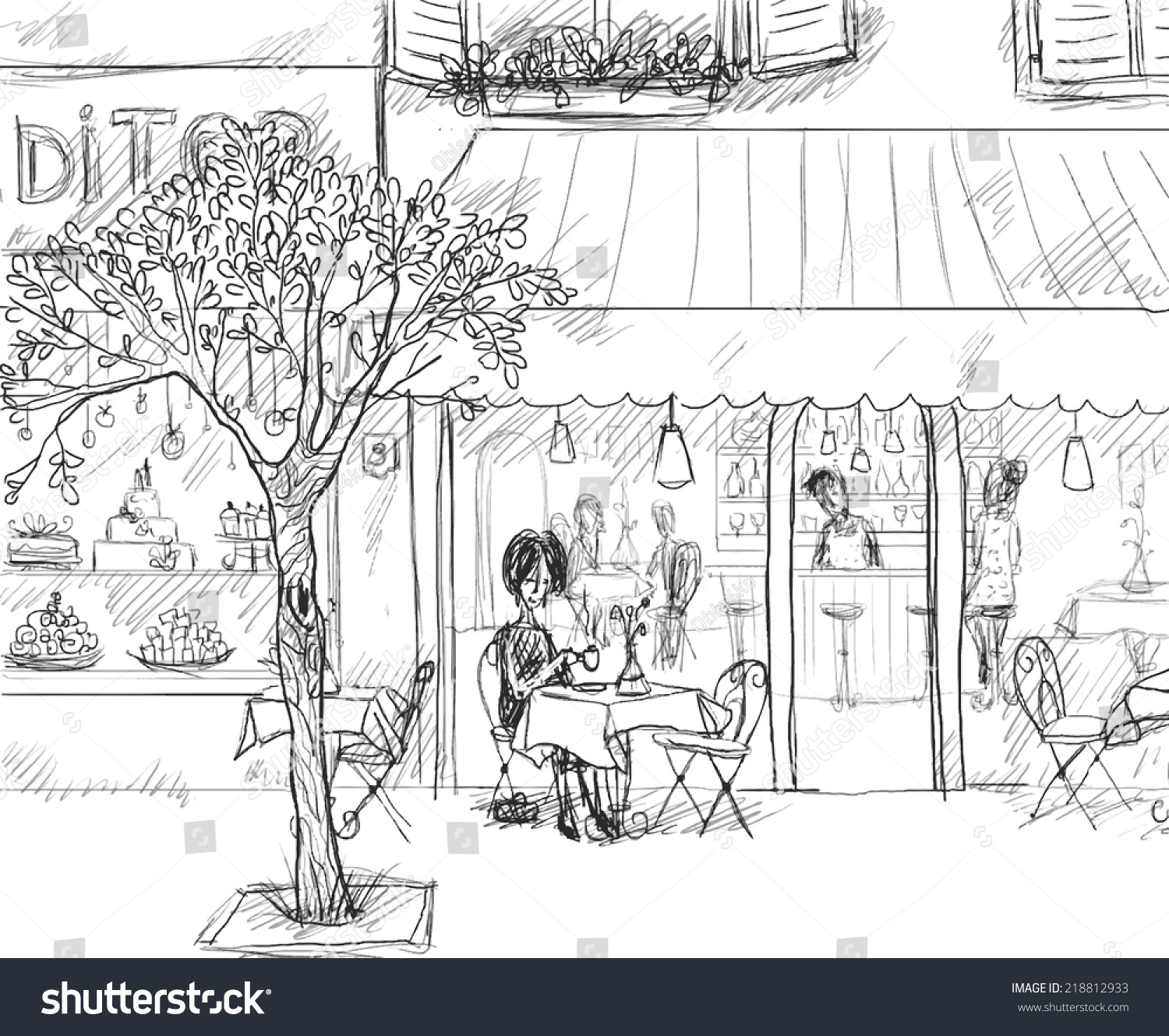 Paris Sidewalk Sketch Cafe Pastry Shop Stock Vector Royalty Free 218812933