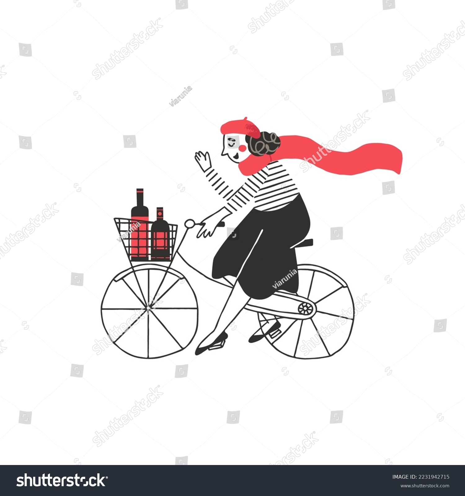 SVG of Parisian girl riding a bike. Chic french woman carries a basket with a bottle of wine in it. Mime girl wearing beret and scarf vector hand drawn illustration in flat style svg