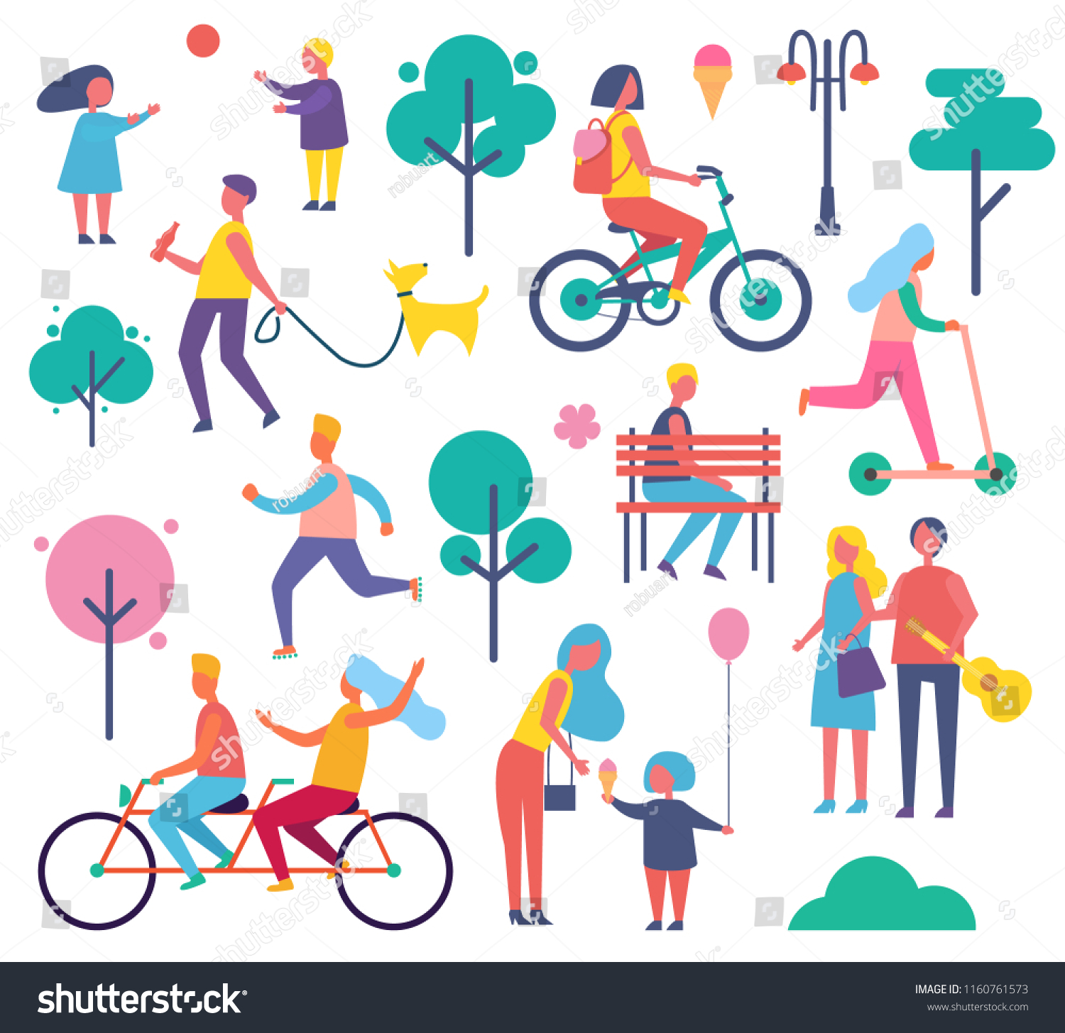 Park full of people isolated icons set vector. Male and female resting, children playing with ball, mom and child eating ice cream. Bikers on bicycles