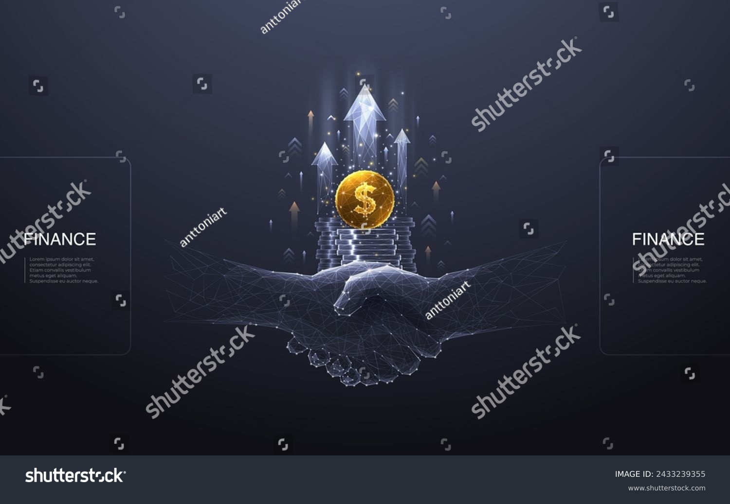 SVG of Partnership and business deal. Abstract digital handshake, golden dollar coin, and growth arrows up on technology dark background. Two partners and money. 3D polygonal wireframe vector illustration. svg