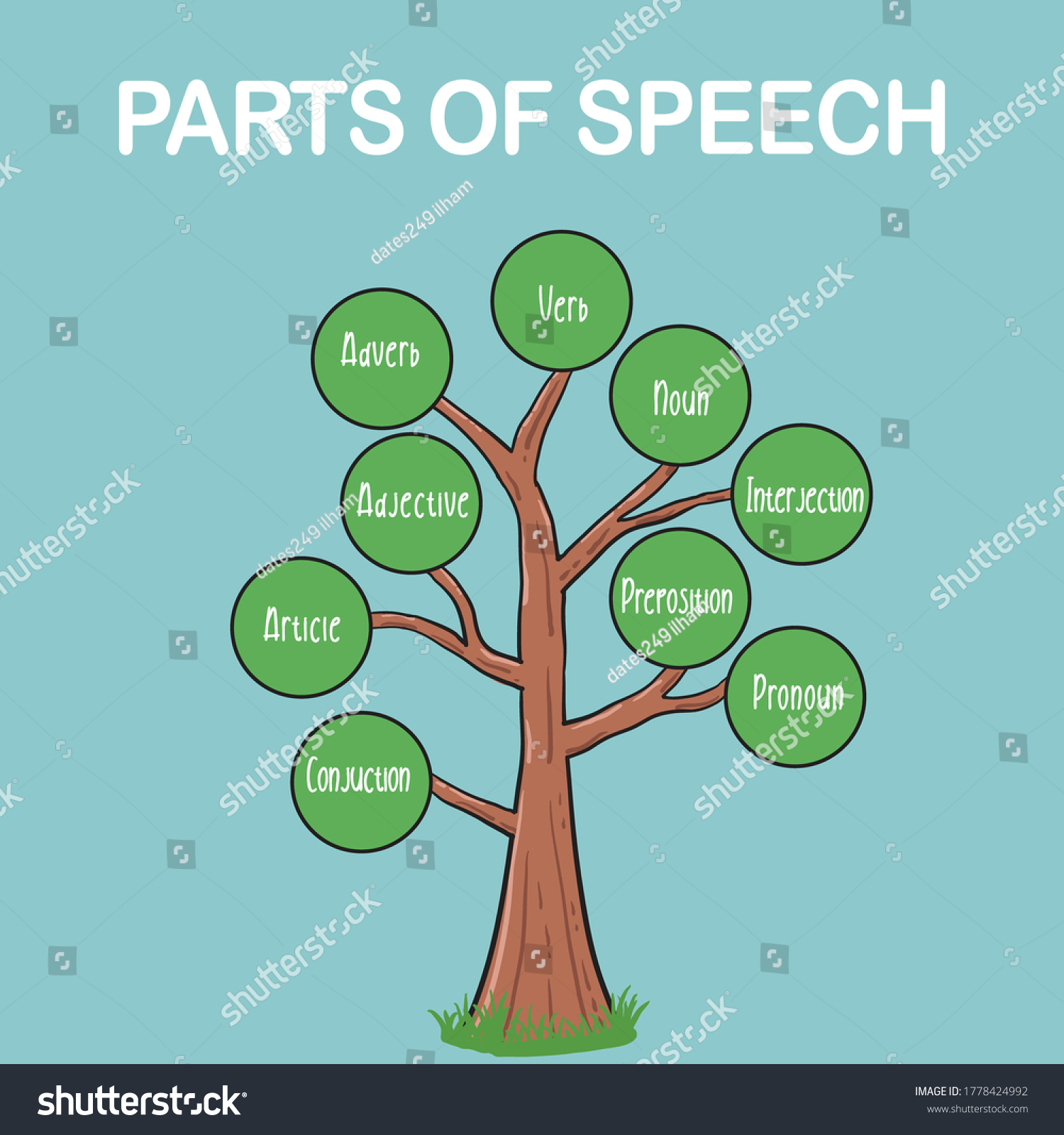 Parts Speech English Learning On Green Stock Vector Royalty Free