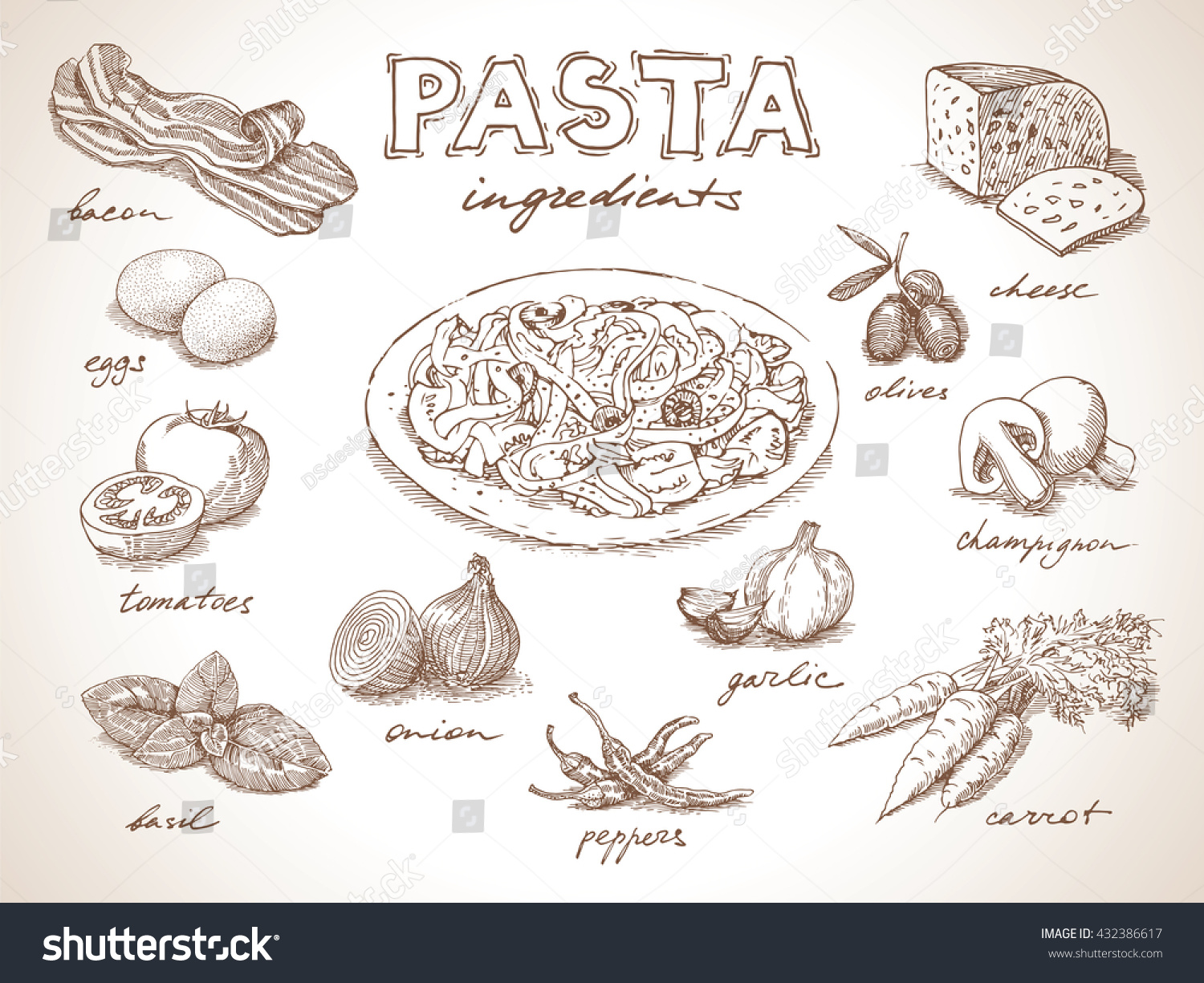 Pasta With Ingredients Free Hand Drawing, Sketch Style Stock Vector ...