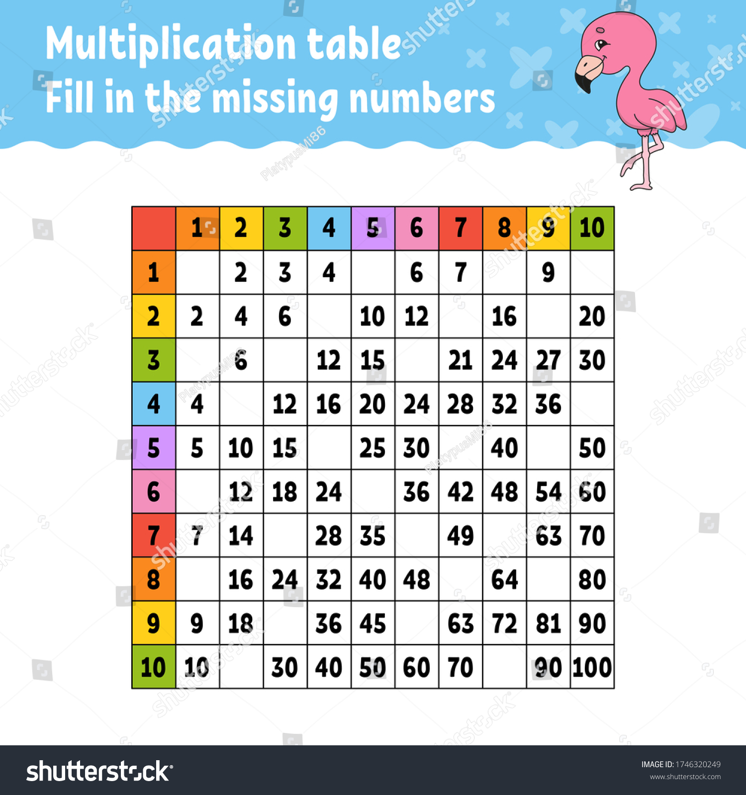 Paste Missing Numbers Learning Multiplication Table Stock Vector