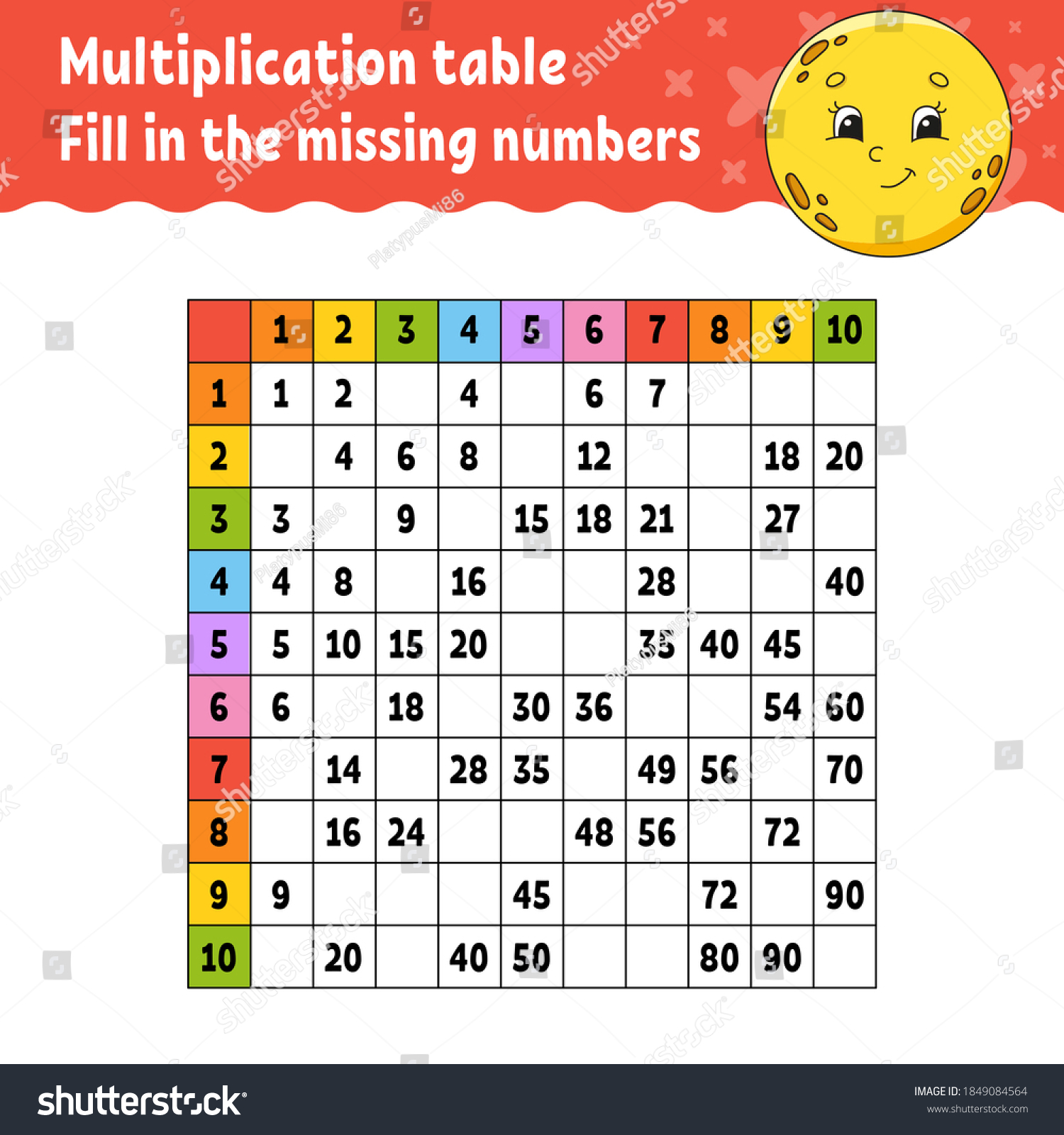 Paste Missing Numbers Learning Multiplication Table Stock Vector