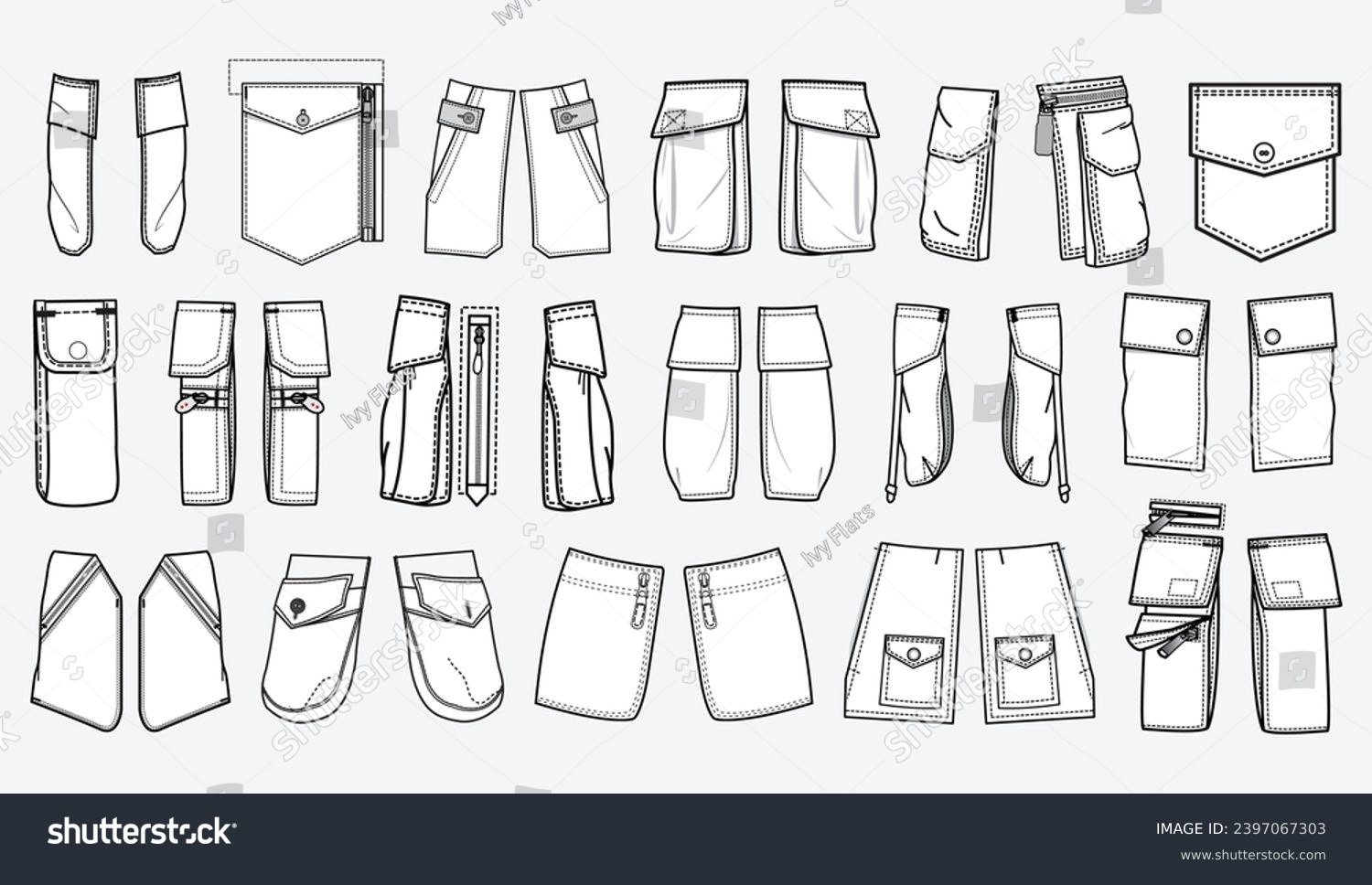SVG of Patch pocket flat sketch vector illustration set, different types of Clothing Pockets for jeans pocket, denim, sleeve arm, cargo pants, dresses, bag, garments, Clothing and Accessories svg
