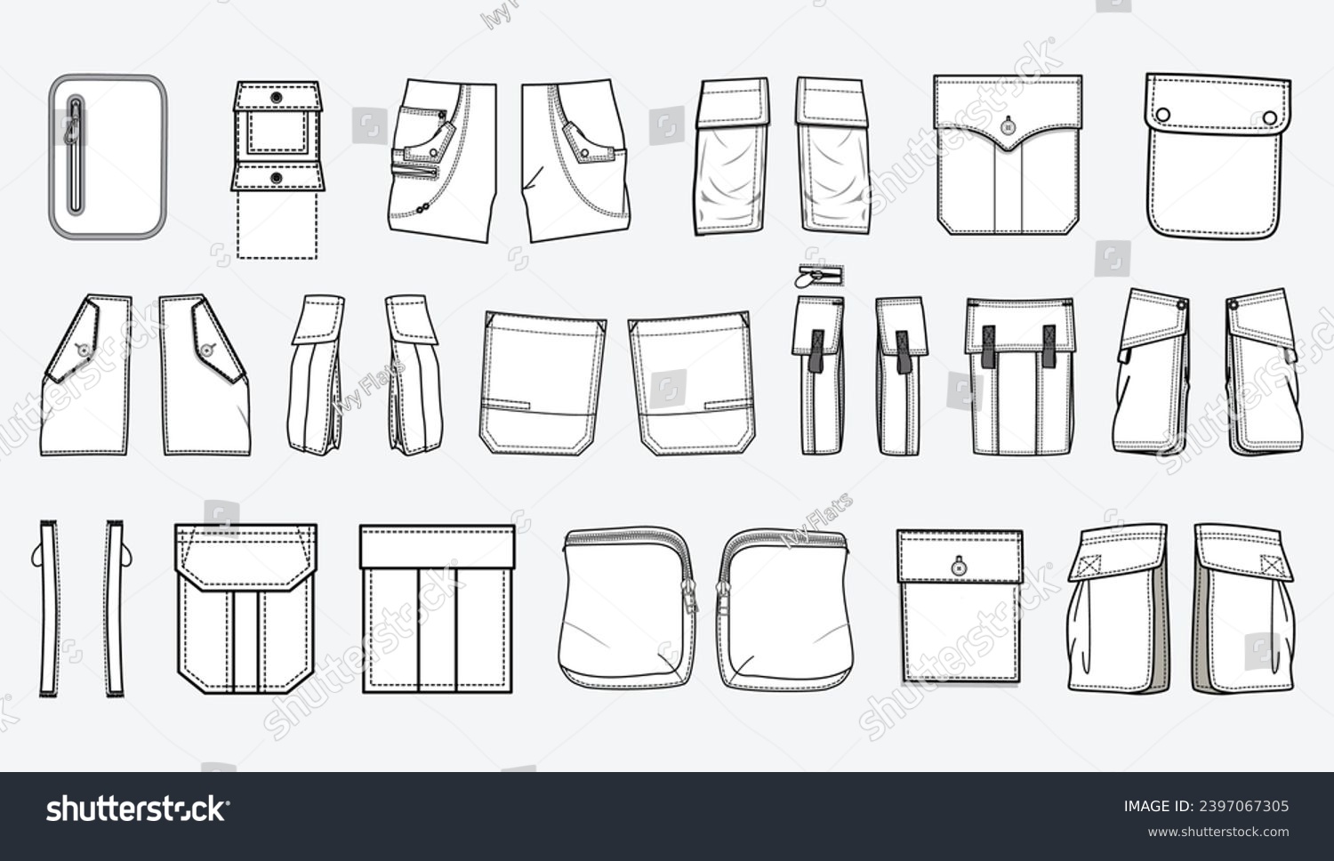 SVG of Patch pocket flat sketch vector illustration set, different types of Clothing Pockets for jeans pocket, denim, sleeve arm, cargo pants, dresses, bag, garments, Clothing and Accessories svg