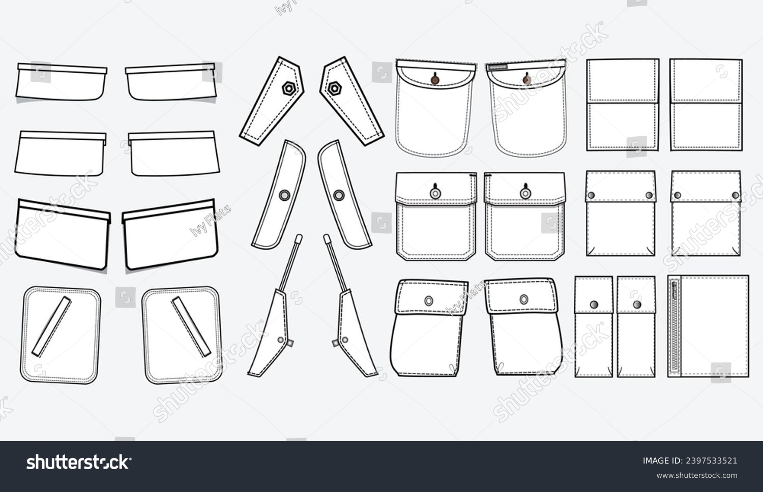 SVG of Patch pocket flat sketch vector illustration set, different types of Clothing Pockets for jeans pocket, denim, sleeve arm, cargo pants, dresses, bag, blazer, garments, Clothing and Accessories svg