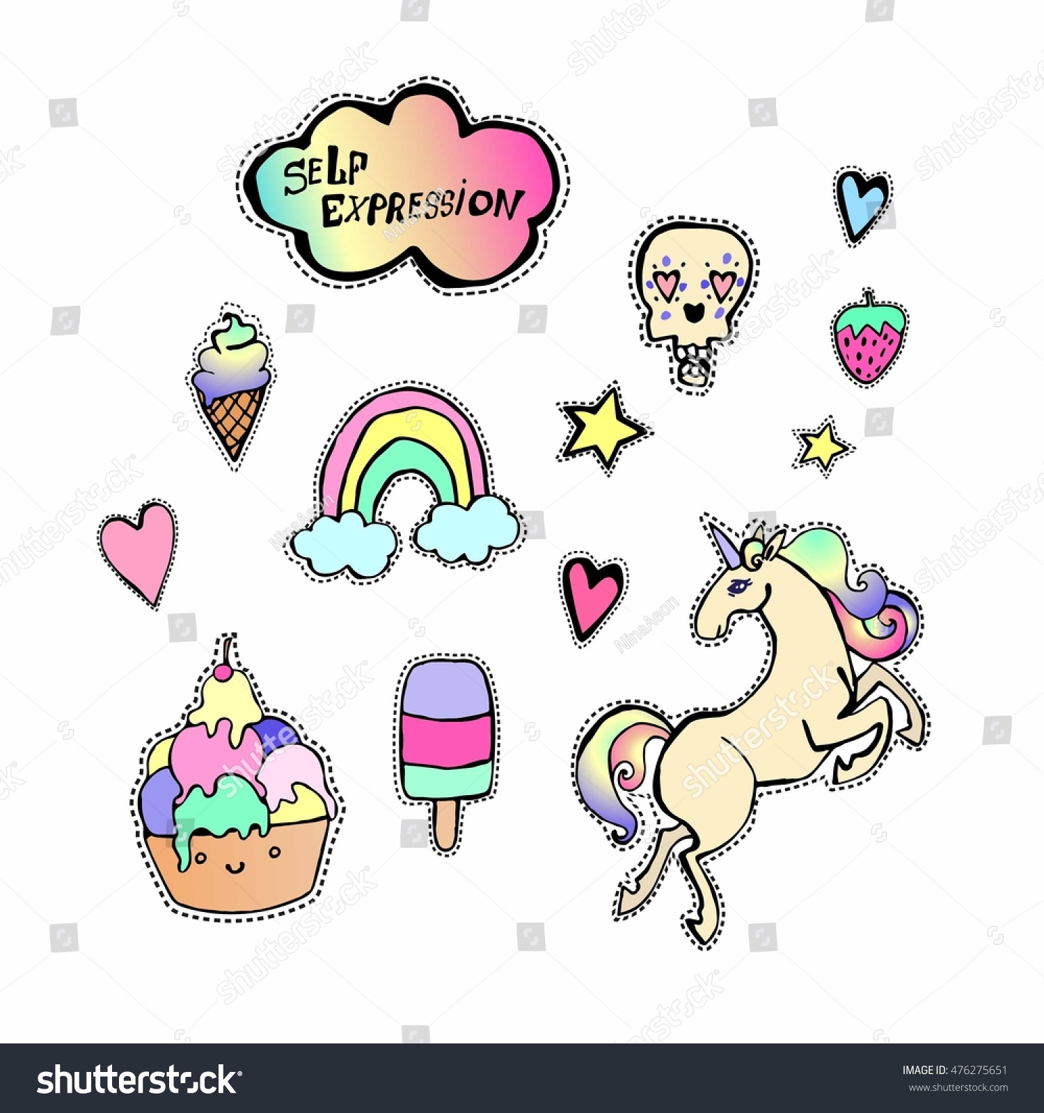 Patches, Stickers Vector Set. Cute Unicorn, Ice Cream, Rainbow, Sugar ...