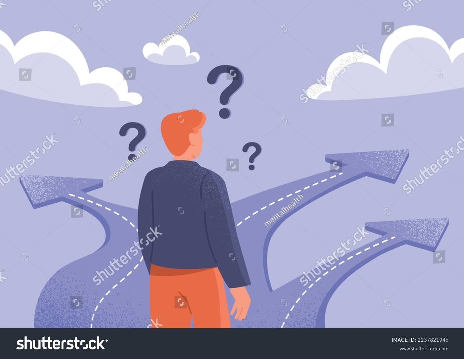 SVG of Path choice concept. Man stands at fork with three roads. Young guy determines path of life and makes decision. Metaphor for thought process. Graphic element for site. Cartoon flat vector illustration svg