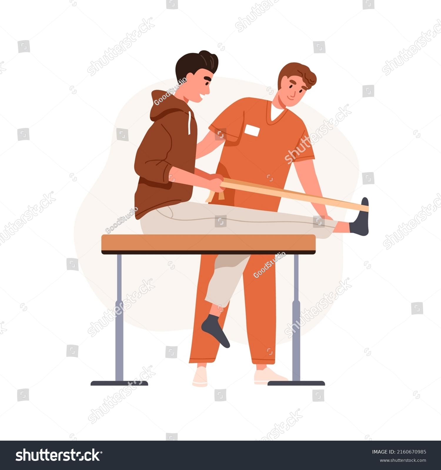 SVG of Patient at physical therapy rehabilitation with physiotherapist, exercising with elastic band after leg injury. Physiotherapy rehab with ribbon. Flat vector illustration isolated on white background svg