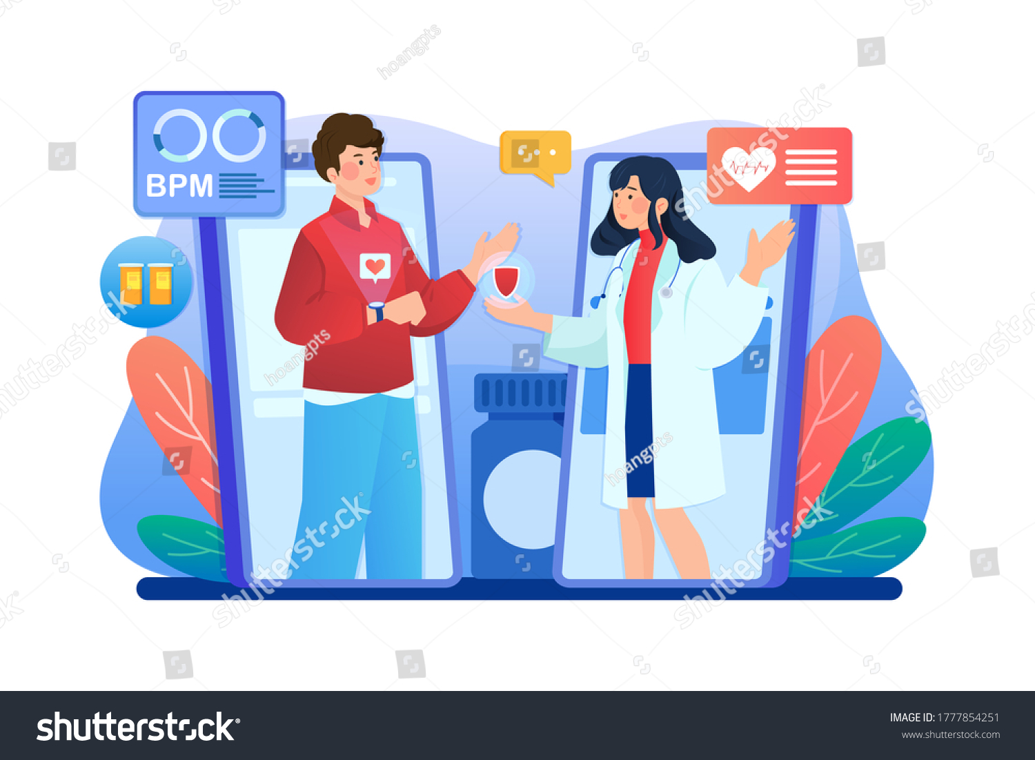 SVG of Patient talking to doctor using cell phone video call over his heartbeat rate data collected via smart watch app technology. svg