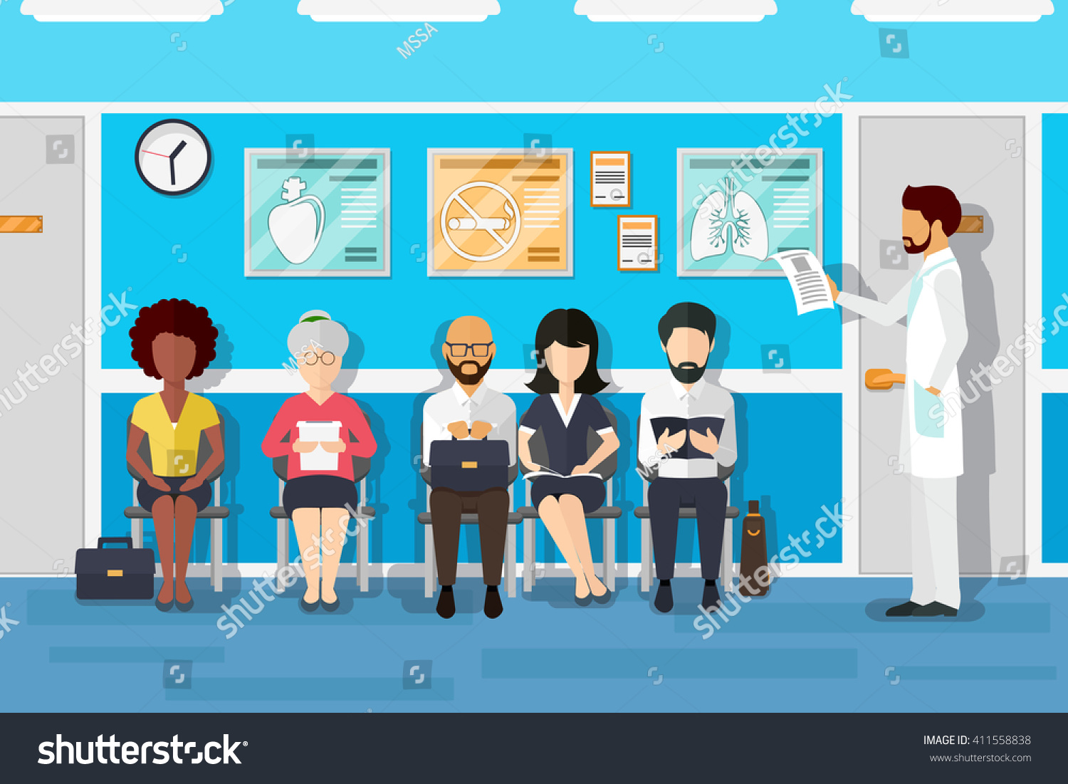 Patients in doctors waiting room in hospital, office interior clinic. Vector illustration