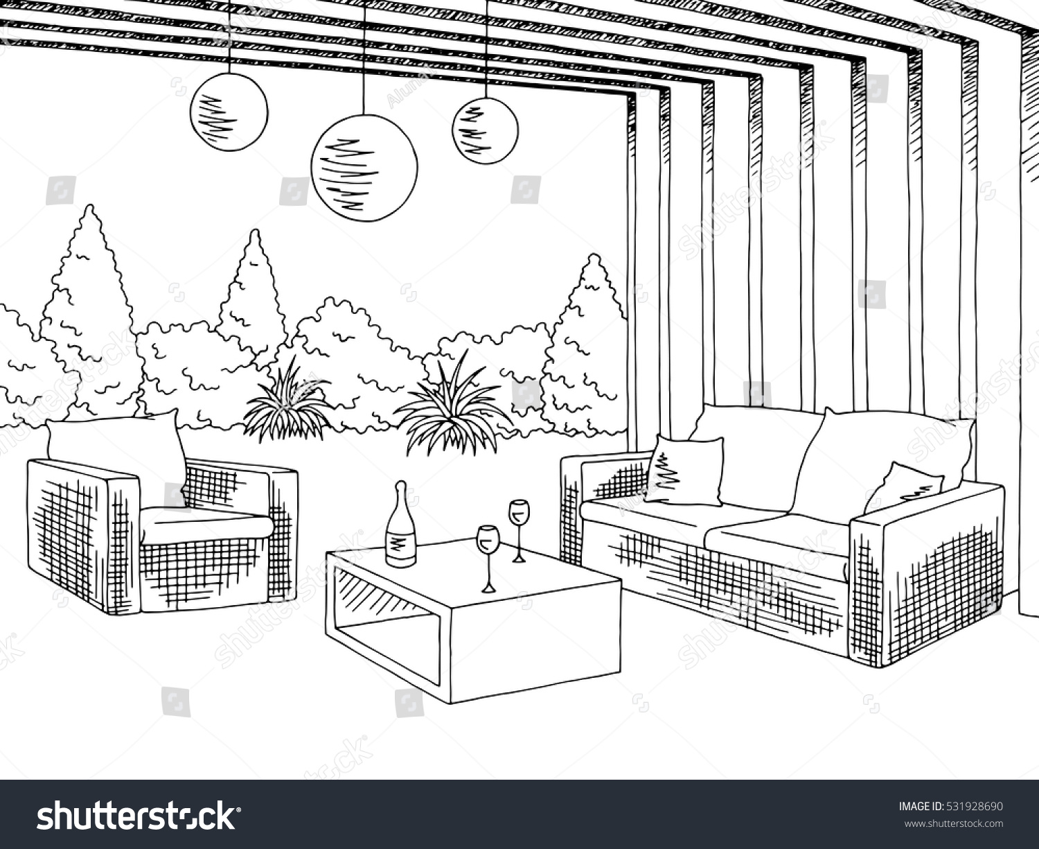 7 387 Backyard Drawing Images Stock Photos Vectors Shutterstock   Stock Vector Patio Garden Graphic Black White Sketch Illustration Vector 531928690 