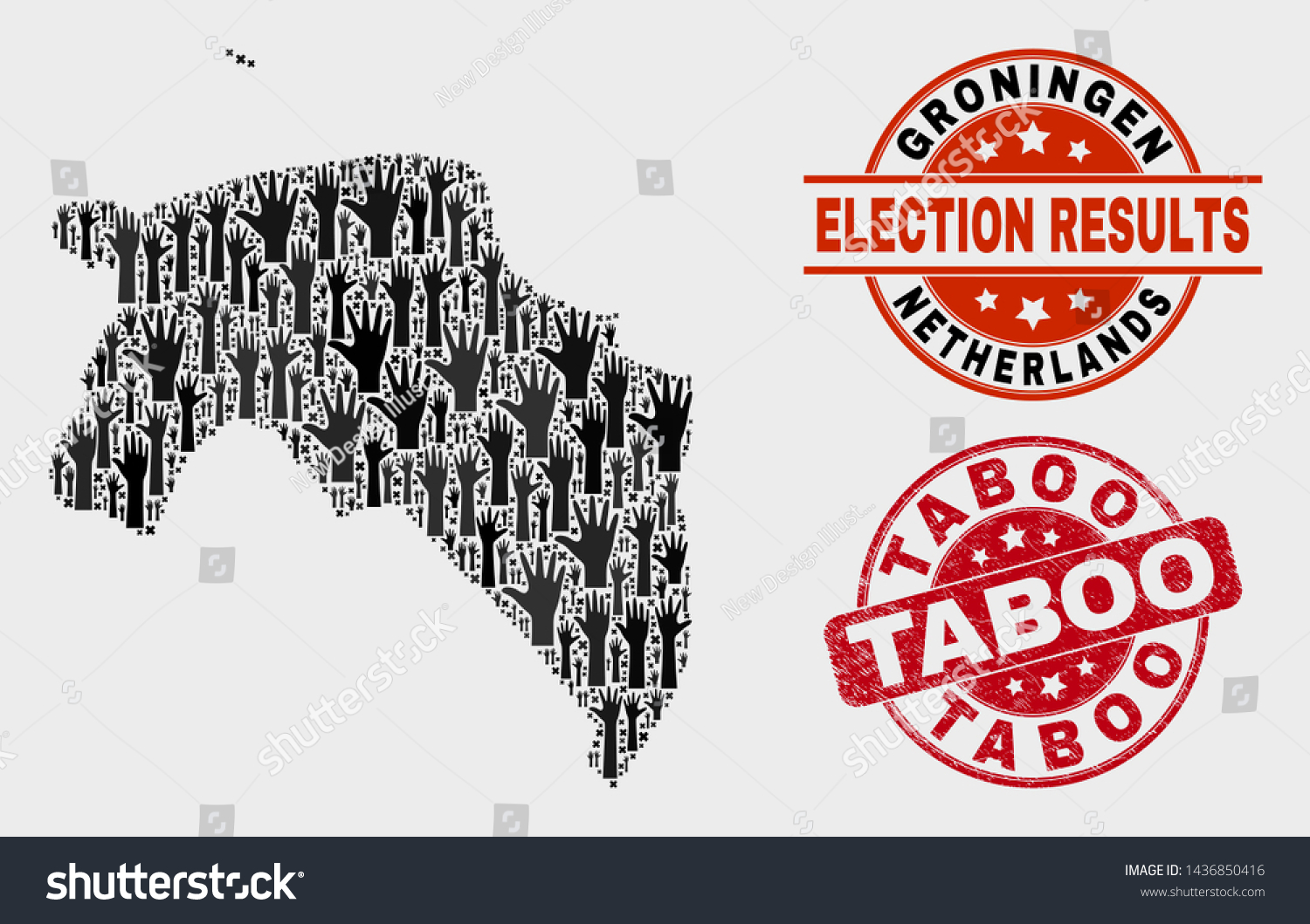 SVG of Patriotic Groningen Province map and seal stamps. Red round Taboo scratched watermark. Black Groningen Province map mosaic of upwards volunteer arms. Vector combination for referendum results, svg