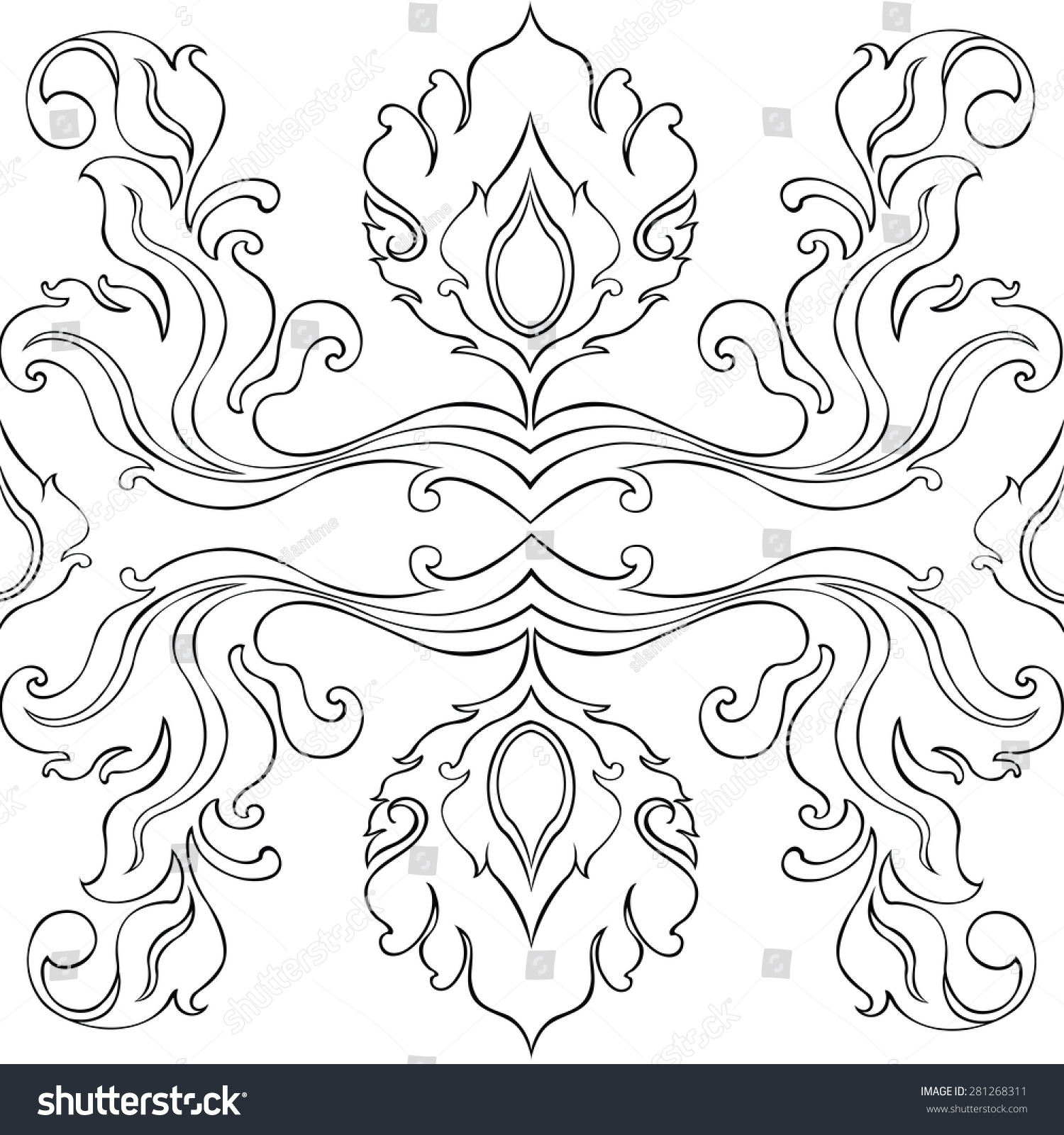 Pattern Flowers Leave Thai Art Line Stock Vector (Royalty Free