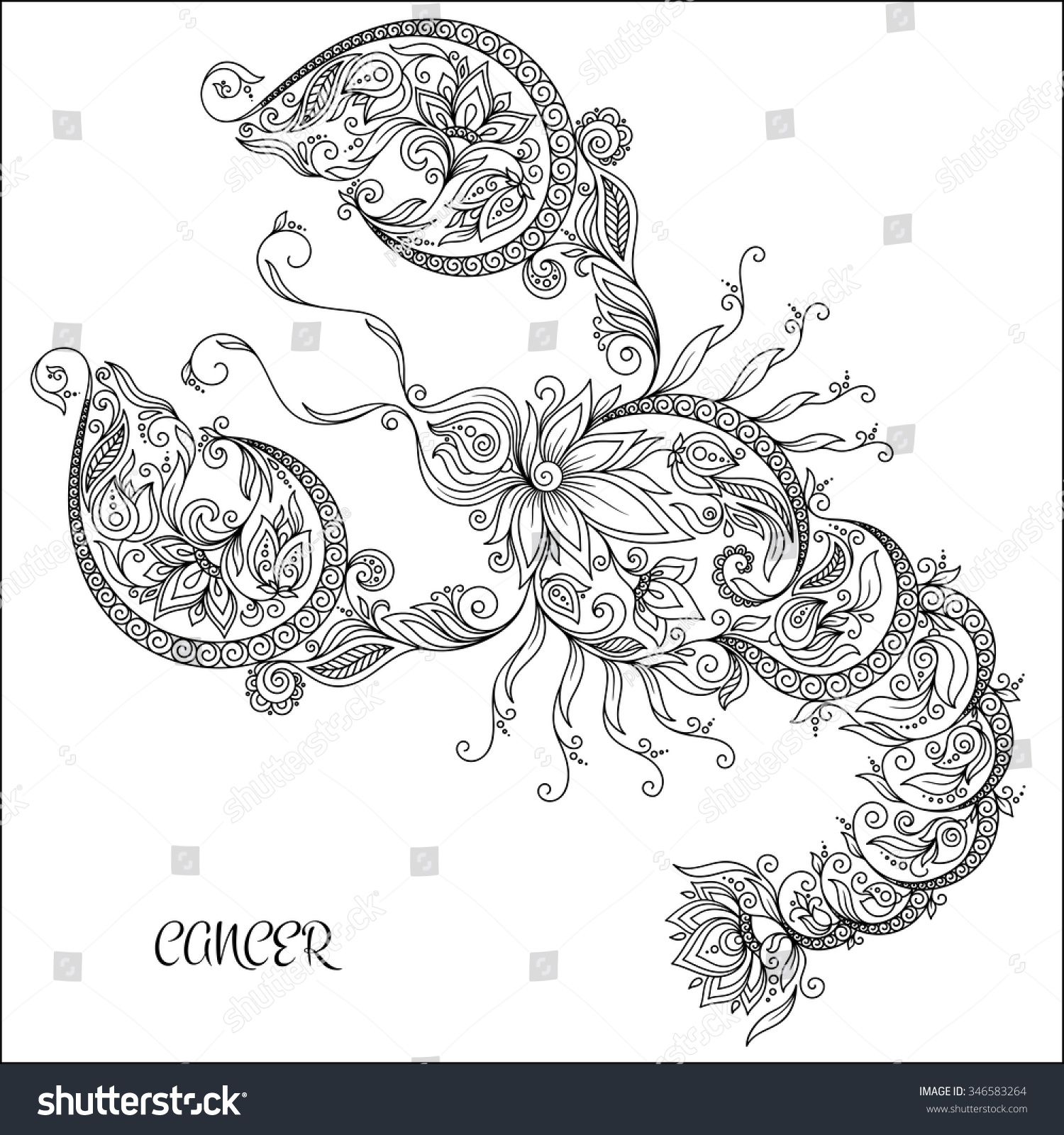 Pattern for coloring book Hand drawn line flowers art of zodiac Cancer Horoscope symbol